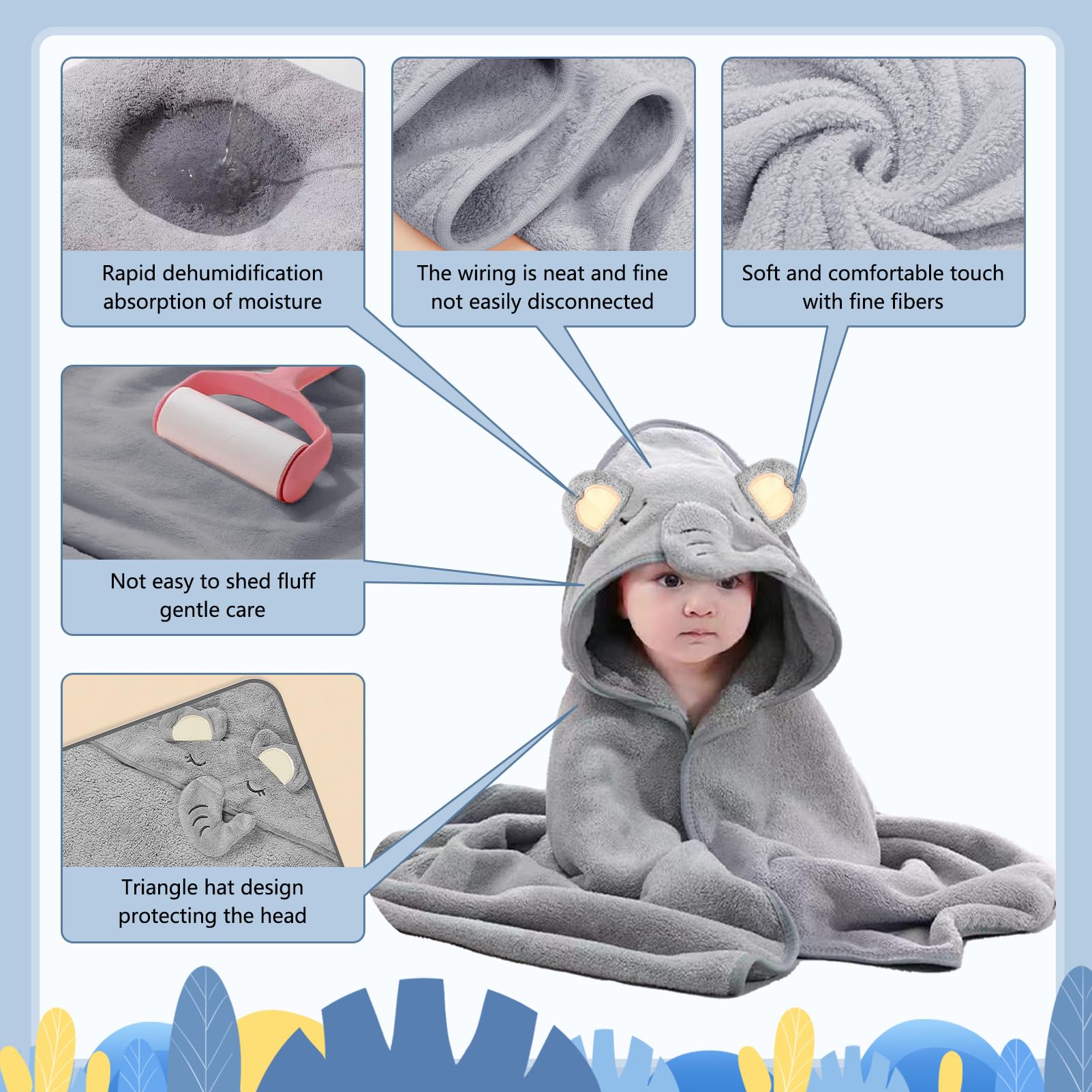 Pièces Serviette de Bain Capuche Bébé,avec Design Animal, 80 x 80 cm bébé Serviette Housse,Design d'éléphant Gris