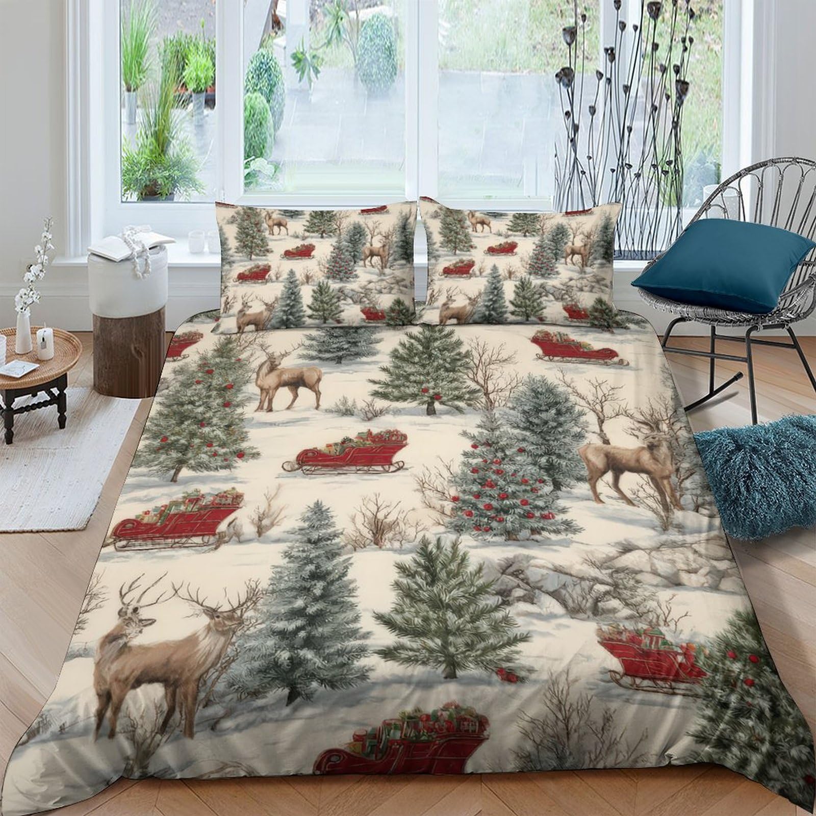 Ctjqhvkz Style-9 3D Printed Christmas Deer Fitted Sheet Microfiber Forest Tree Mattress Cover For Bedroom Dorm Easy Care Decor, Anti-Slip, Washable Single（135X200cm）