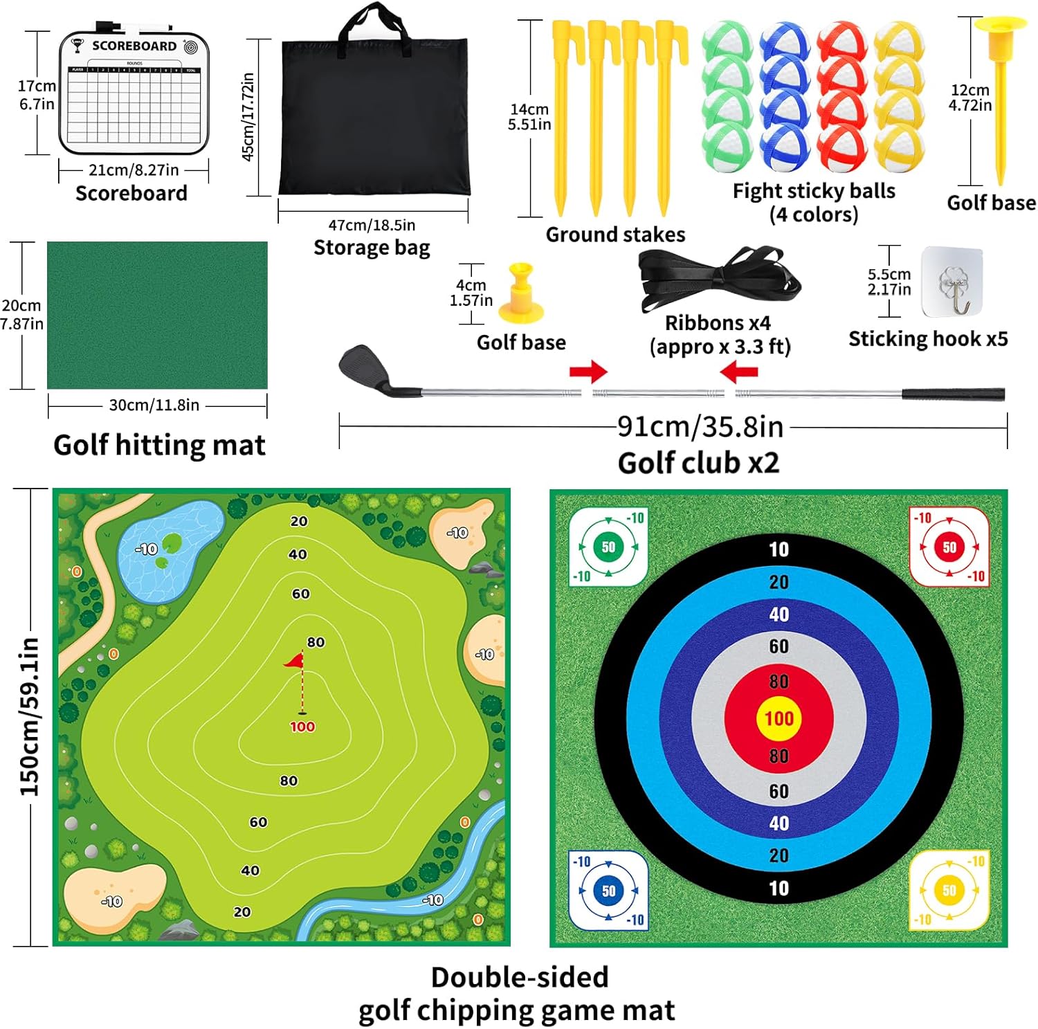 Golf Chipping Game with Double-Sided Mat, 2 Adjustable Golf Clubs, 20 Sticky Balls, Outdoor Indoor Family Toss Game, Sport Toy Birthday Gift for Kids Adults