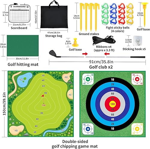 Miniatura 6 de Juego de astillado de golf con alfombrilla de doble cara, 2 palos de golf ajustables, 20 bolas adhesivas, juego de lanzamiento familiar para