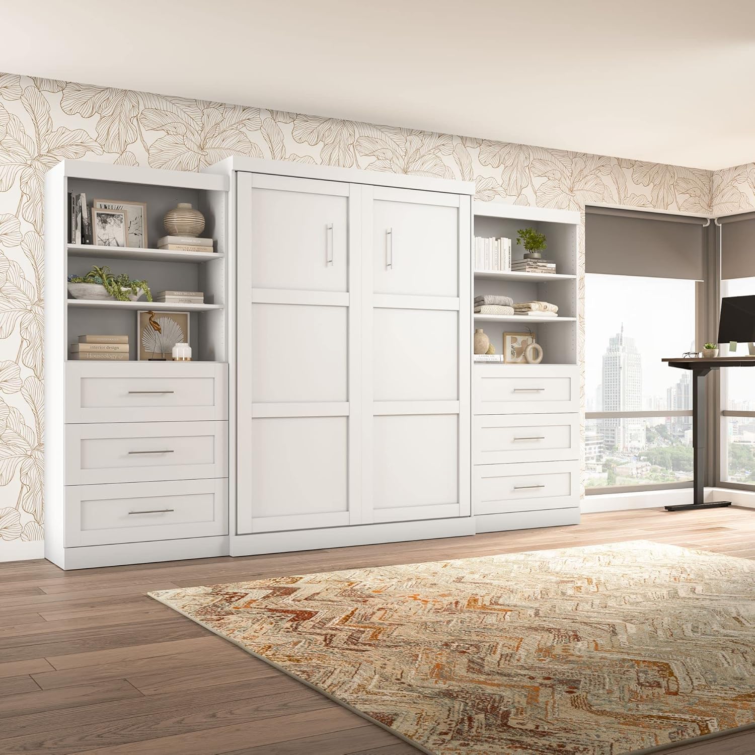 Bestar Pur Queen Murphy Bed with 2 Shelving Units, 136-inch Space-Saving Sleeping Arrangement with Storage