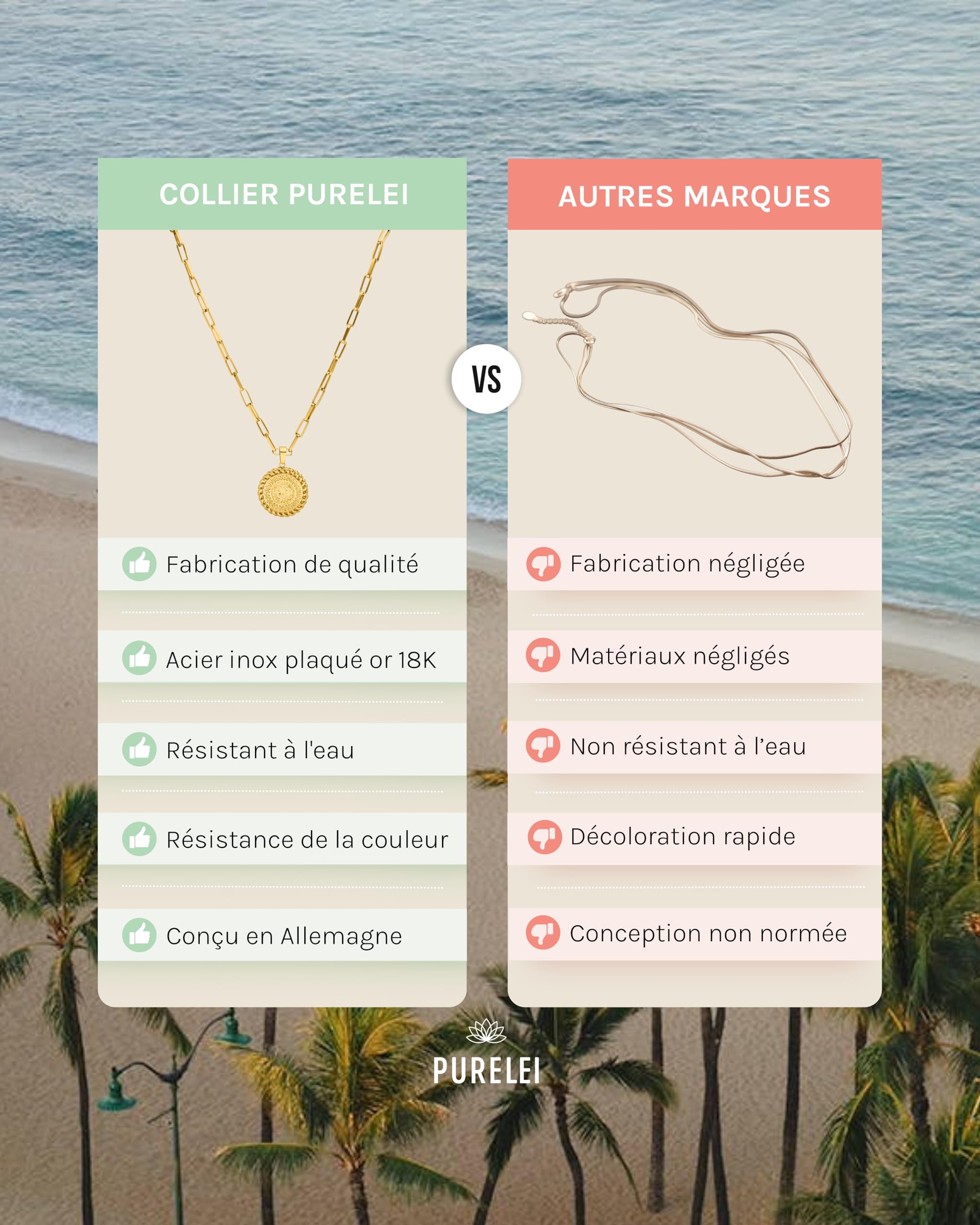 Purelei Waina Bijou pour Femmes – Collier pour Femmes en Acier Inoxydable Durable – Résistant à l'Eau – Longueur réglable 50-55 cm – Collier pour votre style