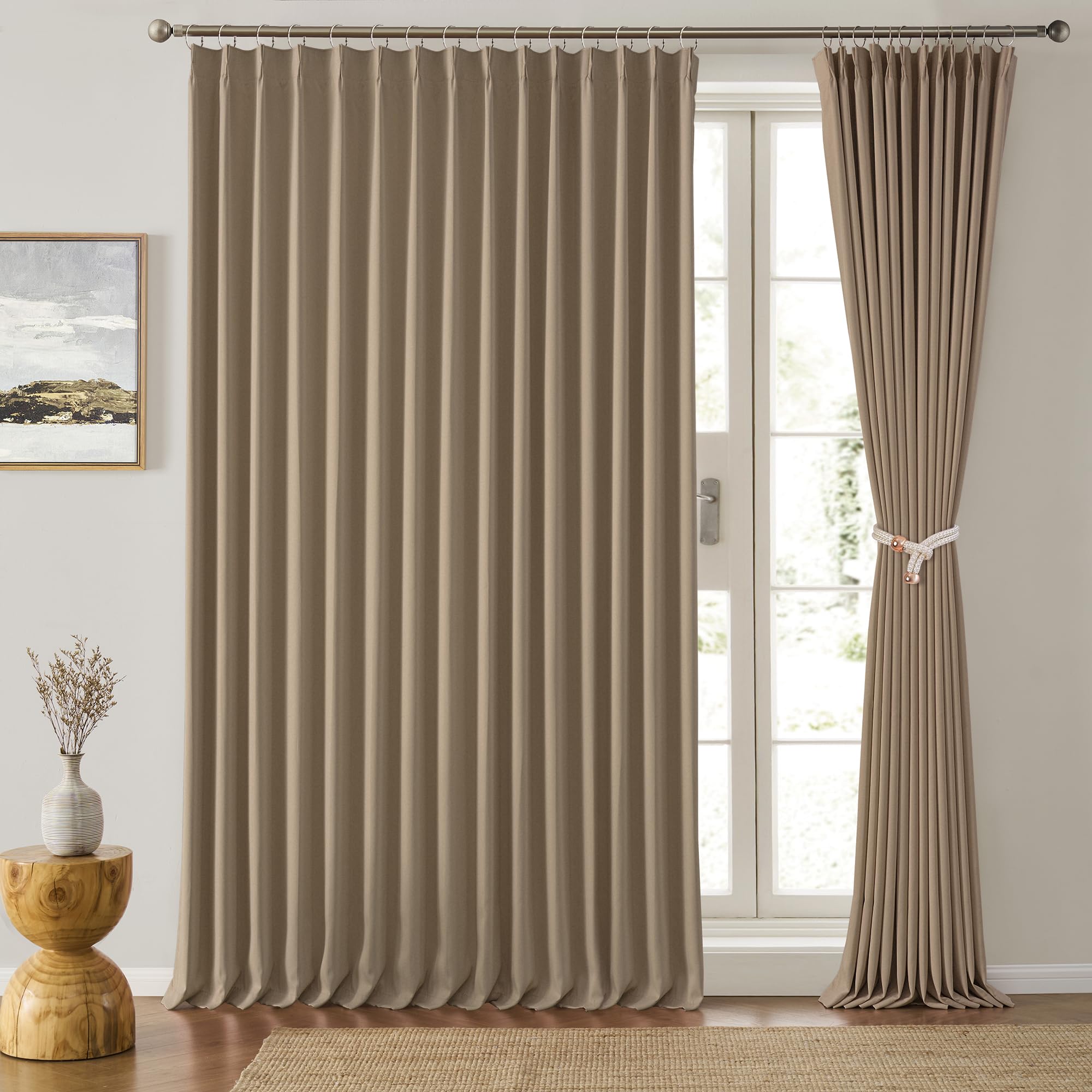 Photo 1 of Extra Wide Pinch Pleated Blackout Living Room Bedroom Curtains, Triple Weave Thermal Insulated Window Treatment Light Blocking Panels for Patio/Hall/Porch (Cappuccino, W100 x L90, Set of 2)