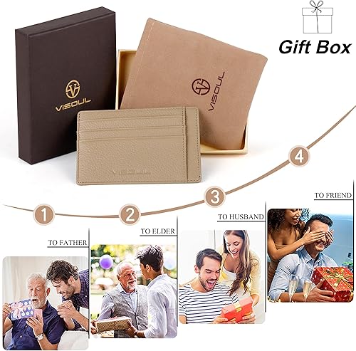 Vista 5 de VISOUL Tarjetero delgado para mujer con bloqueo RFID, cartera pequeña de cuero para mujer con bolsillo con cremallera para monedas (marrón claro)