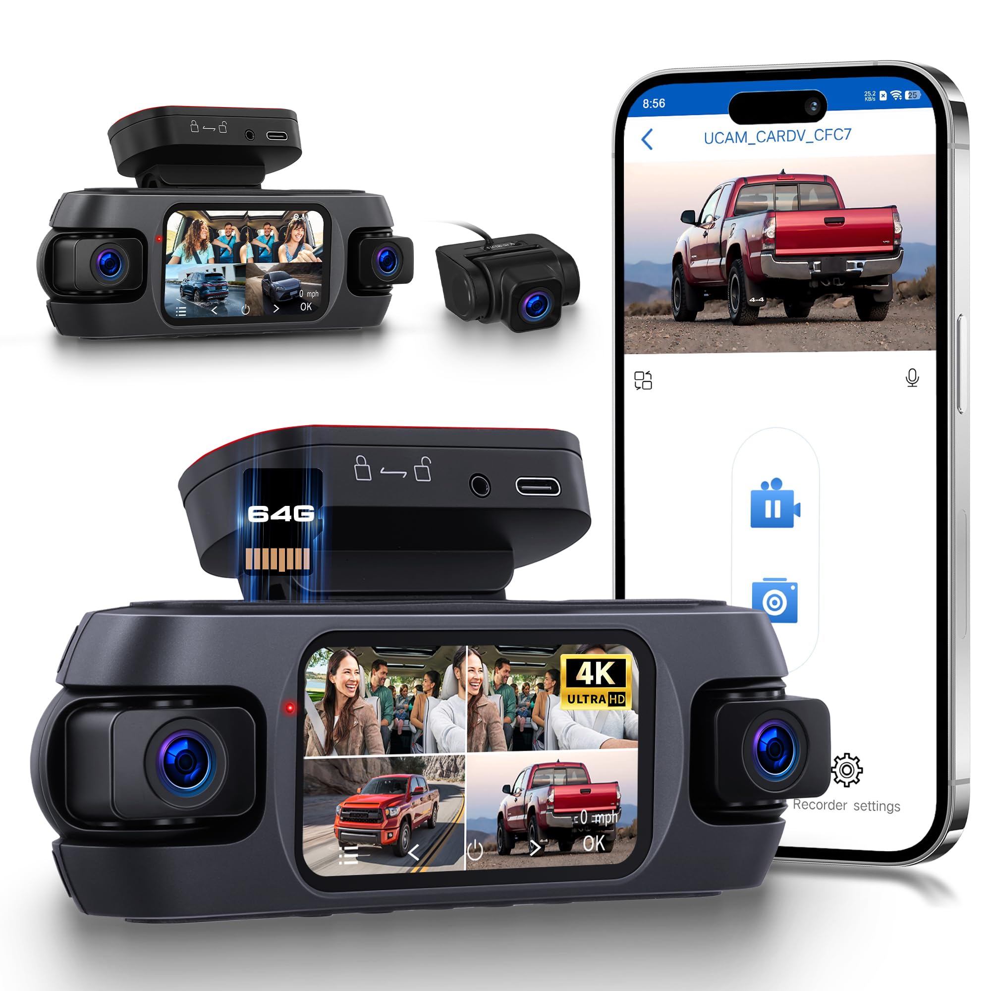 Rimoody Dashcam 4K 4 Cámaras, WiFi App Viidure, Cámara Coche Grabadora 360° con GPS, Visión Nocturna, G-Sensor, Sistema de 4 Canales (4K + 1080P) para Coche con 64 GB Tarjeta