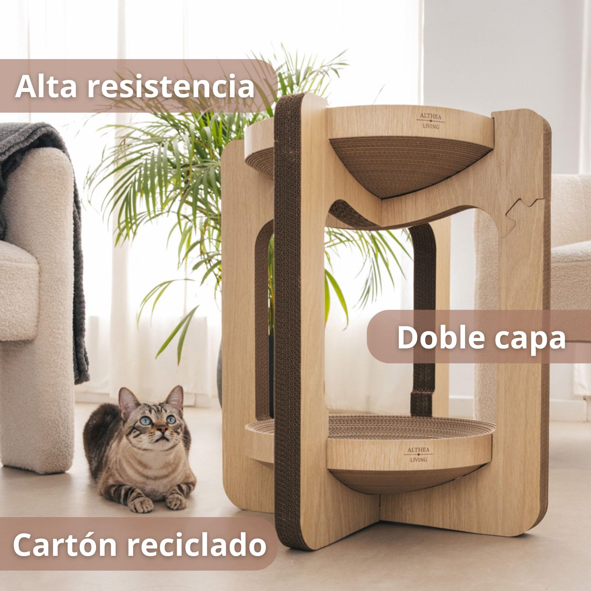 Rascador Torre para Gatos Interior Vigía con Cama Integrada de Dos Alturas | Cartón Corrugado Reciclado Sostenible con Diseño Vertical Compacto | ALTHEA LIVING