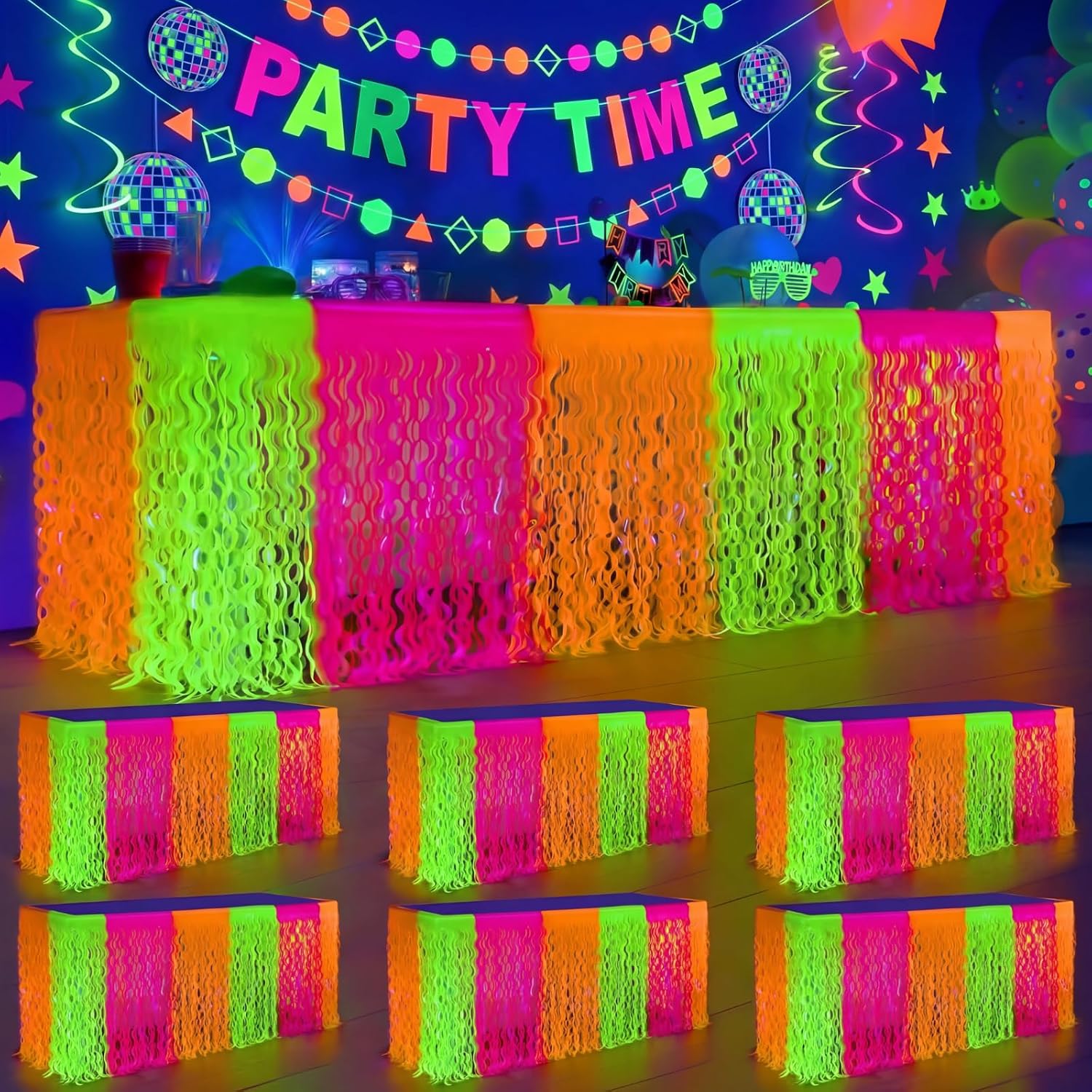 Frienda 6 Pack Glow in The Dark Party Decor Neon Fringe Table Skirt - 2.5x9ft Fluorescent Tinsel Foil Skirt for Neon Birthday, Glow Party Decor
