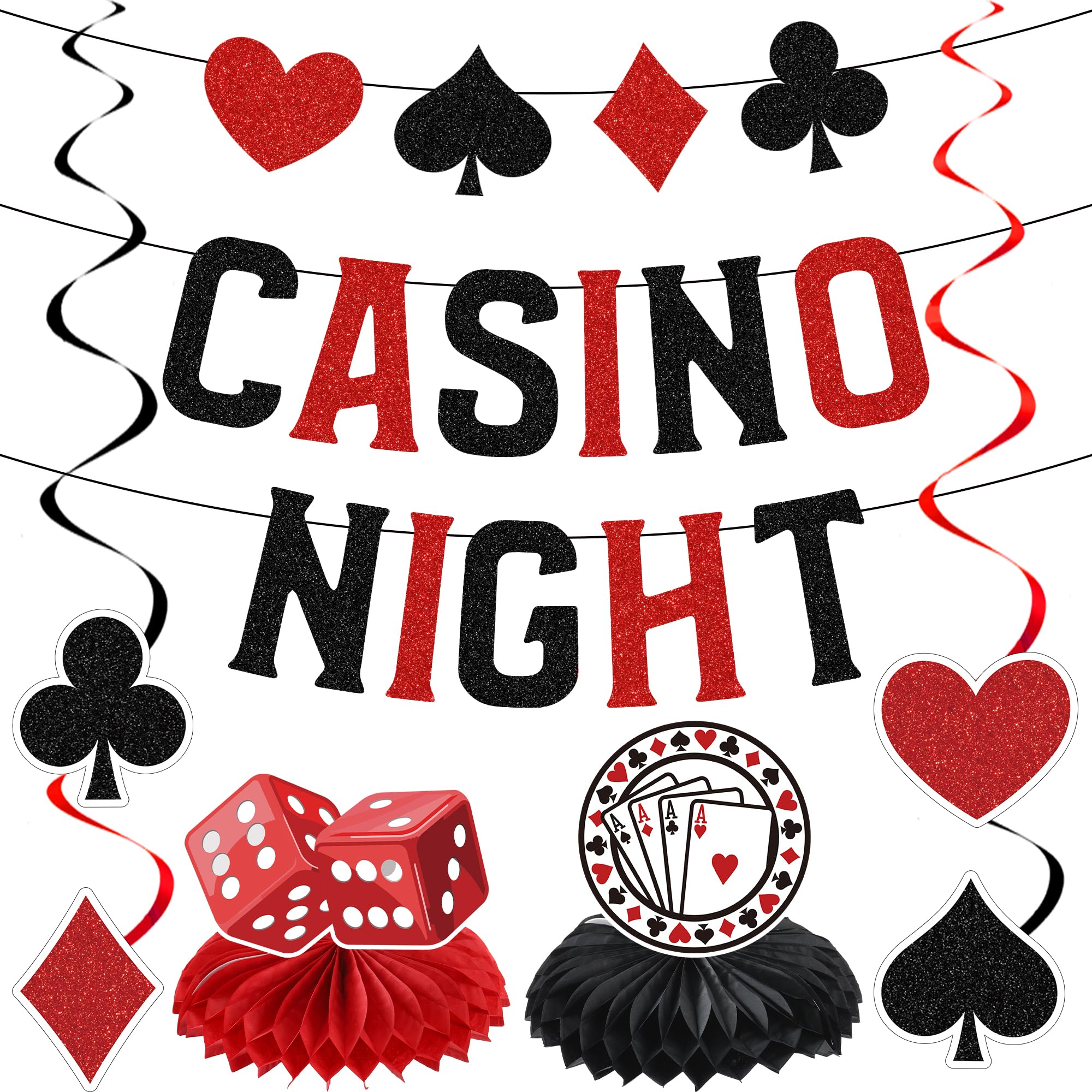 Casino Birthday Party Decorations Banner - 9 Pcs Black Red Casino Night Banners Spades Hearts Diamonds Club Hanging Swirl Dice Poker Honeycomb for Las Vegas Bday Bachelorette Men Women Party Decor
