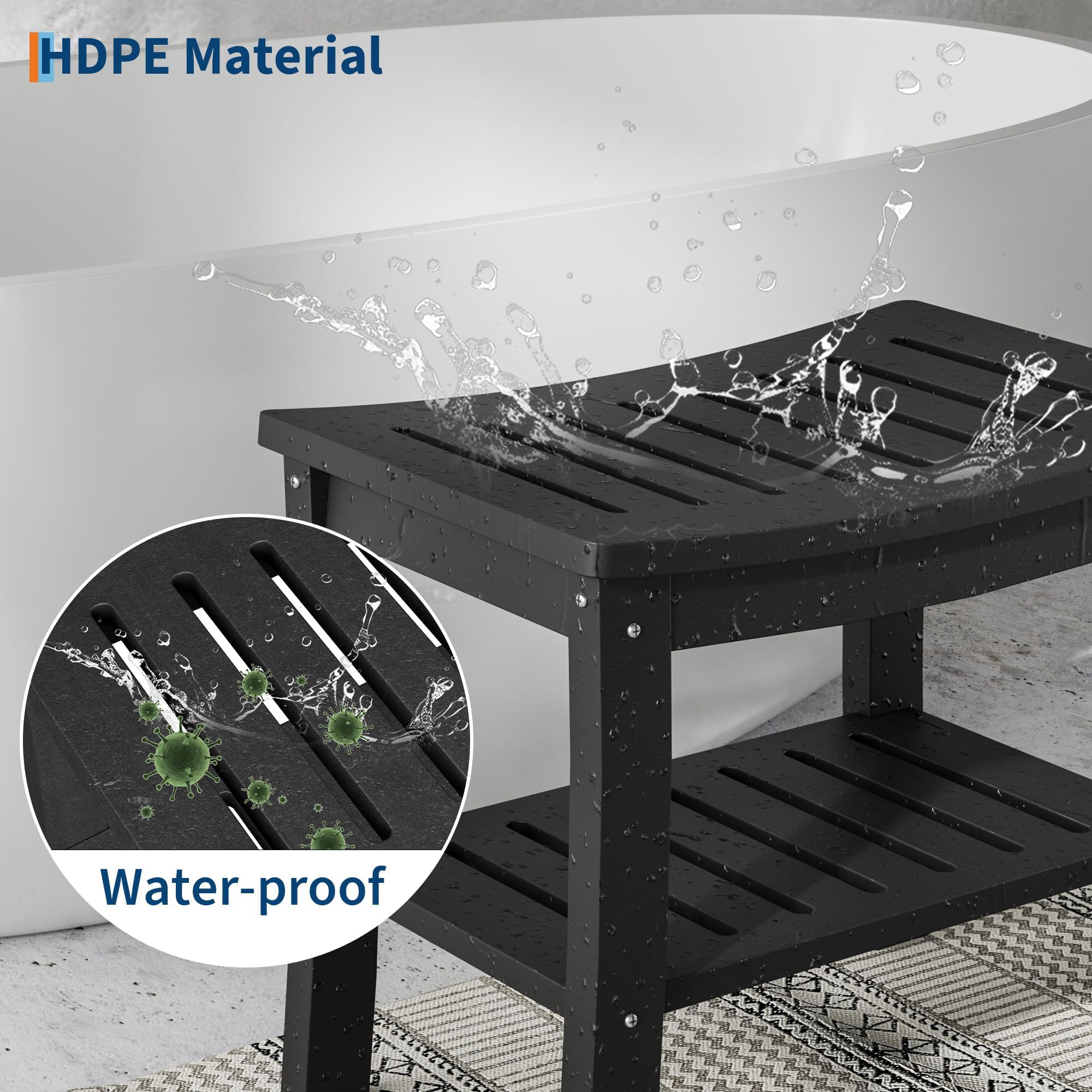 Tabouret de Douche HDPE avec Étagère, Siège Antidérapant, Noir