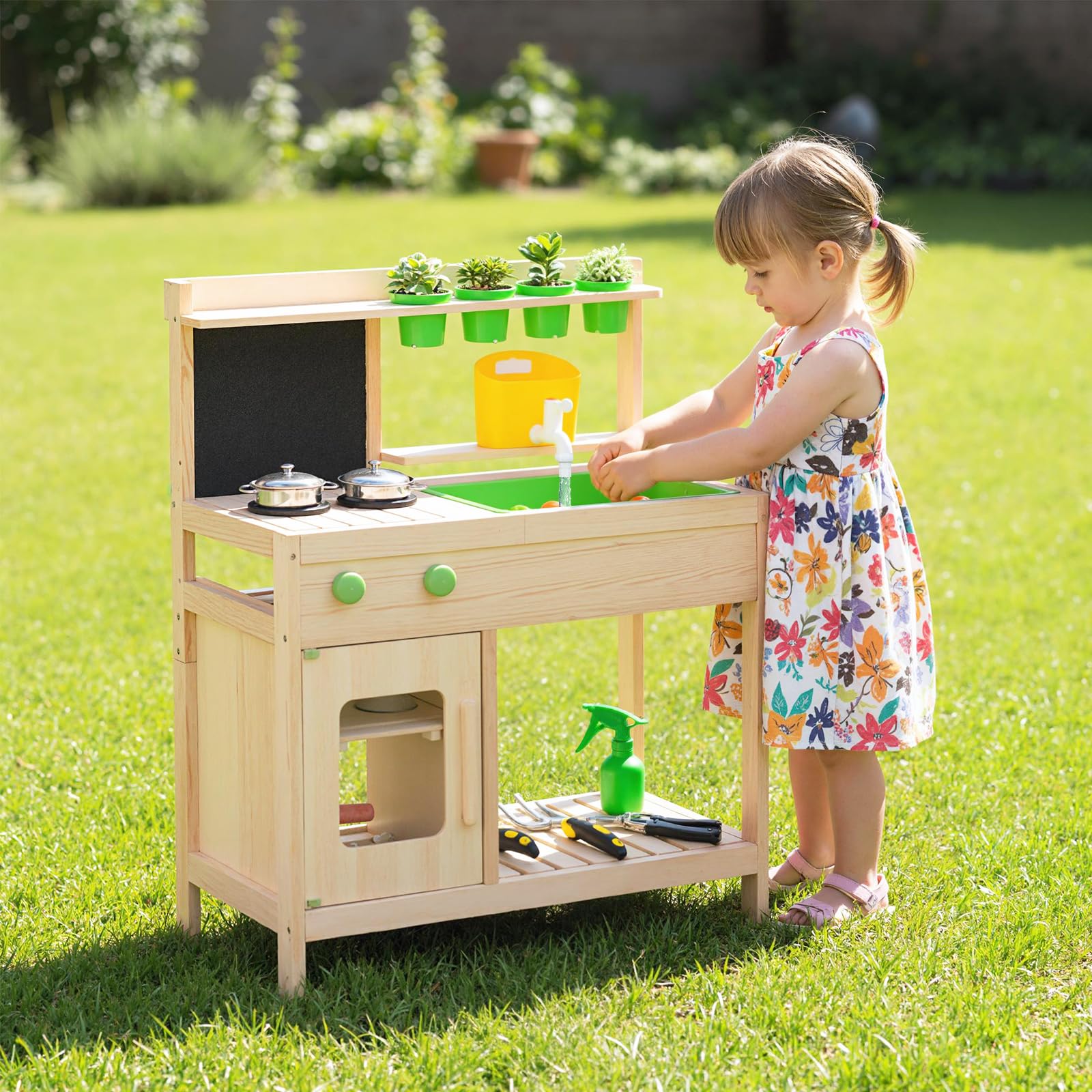 FANTASK Massivholz Matschküche Outdoor, Mit Kreidetafel, Herd & Zubehör, Gartenküche für Kinder ab 3 Jahren, Natur, Grün