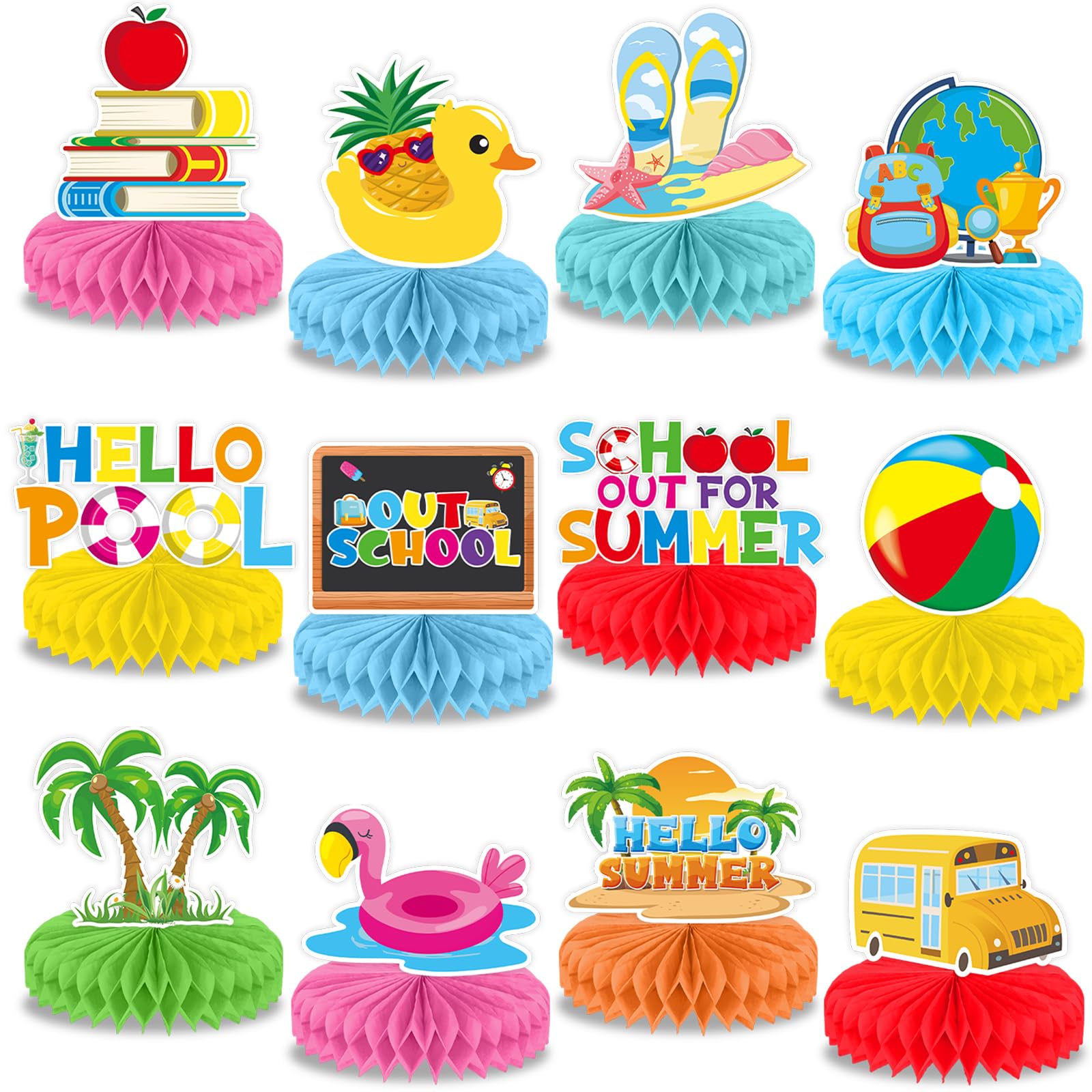 12Pcs School's out for Summer Party Honeycomb Centerpieces End of School Year Table Decorations Tropical Tables Honeycombs Ball for Schools Classroom