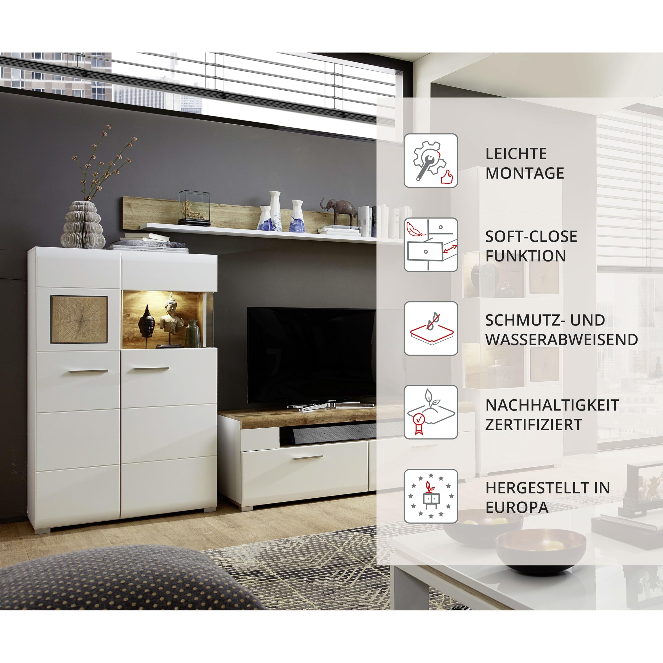 Stella Trading Fun Plus Wohnwand Komplett-Set mit schönen Hirnholz-Applikationen & Eiche Dekor - Moderne Schrankwand für Ihr Wohnzimmer - 325 x 205 x 47 cm (B/H/T)