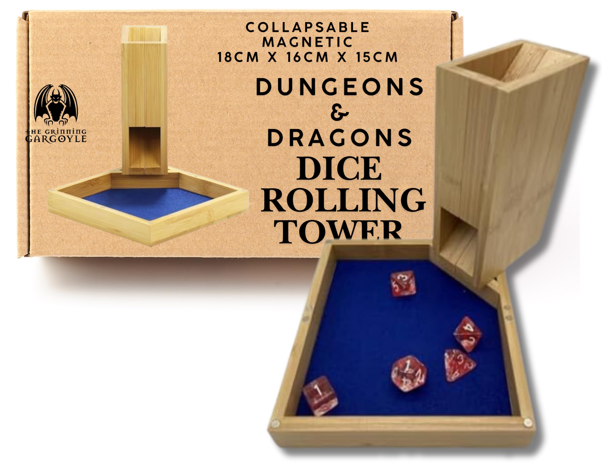 Grinning Gargoyle 18cm Bamboo DnD Dice Tower Collapsible, Portable Magnetic Wooden DND Accessory