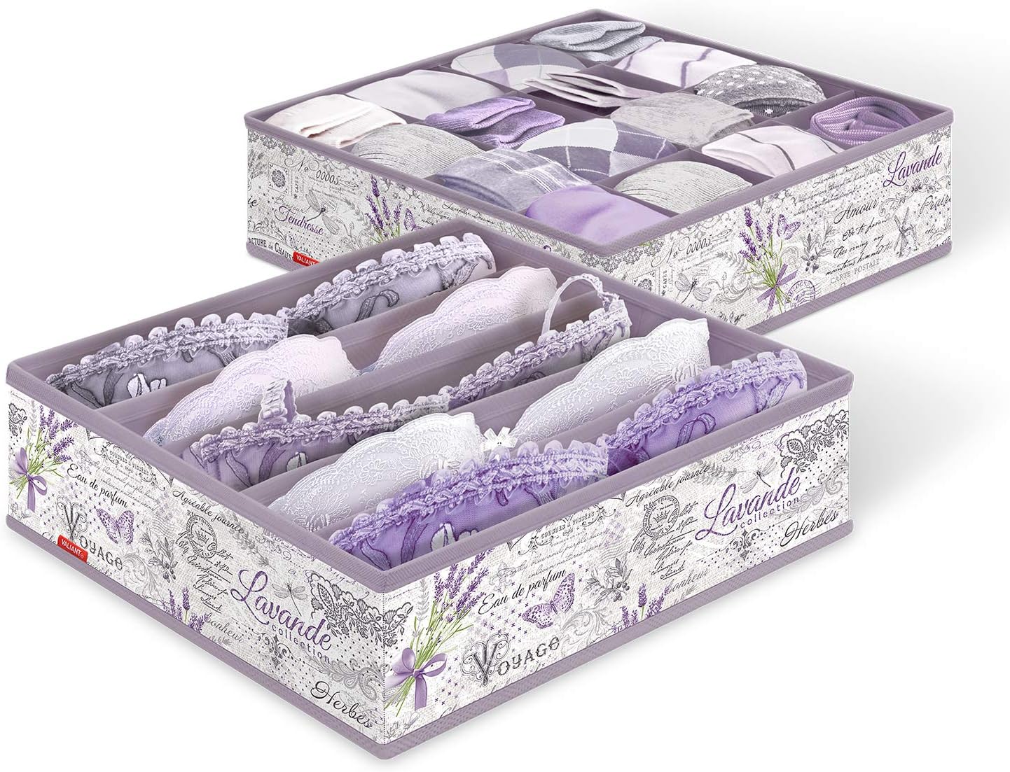 VALIANT Lavander Set of Two Foldable Cloth Underwear Lingerie Bras Socks Storage Boxes Dresser Drawer Organizers Dividers