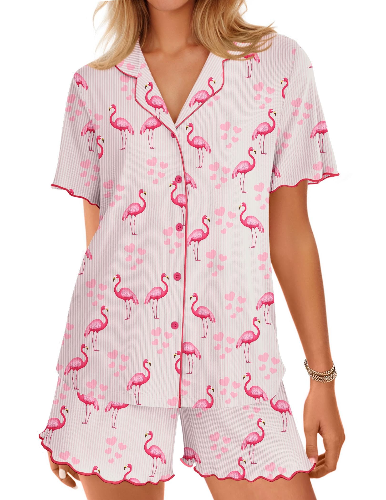 Ekouaer Button Up Pajamas for Women Set Ribbed Knit Pjs 2 Piece Lounge Set | Cute Print Loungwear,Ruffle Sleeve Pajama,Notch Collar,Bride Pj Small Flamingos