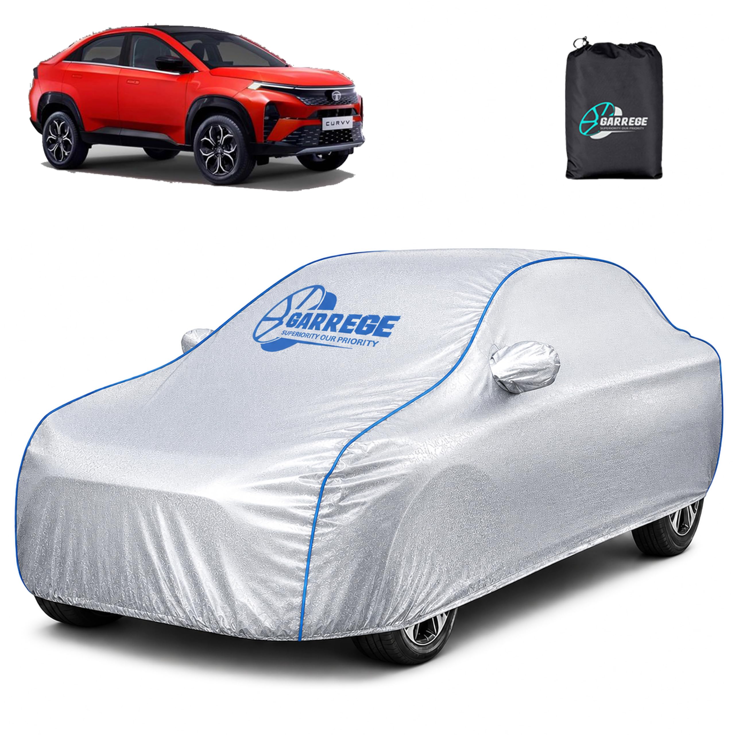 Tata Curvv Ev Car Body Cover Waterproof with Mirror Pocket and Soft Cotton Lining Elacstic in Four Places Triple Stitched (Metallic Silver Blue Piping Style)-image-43