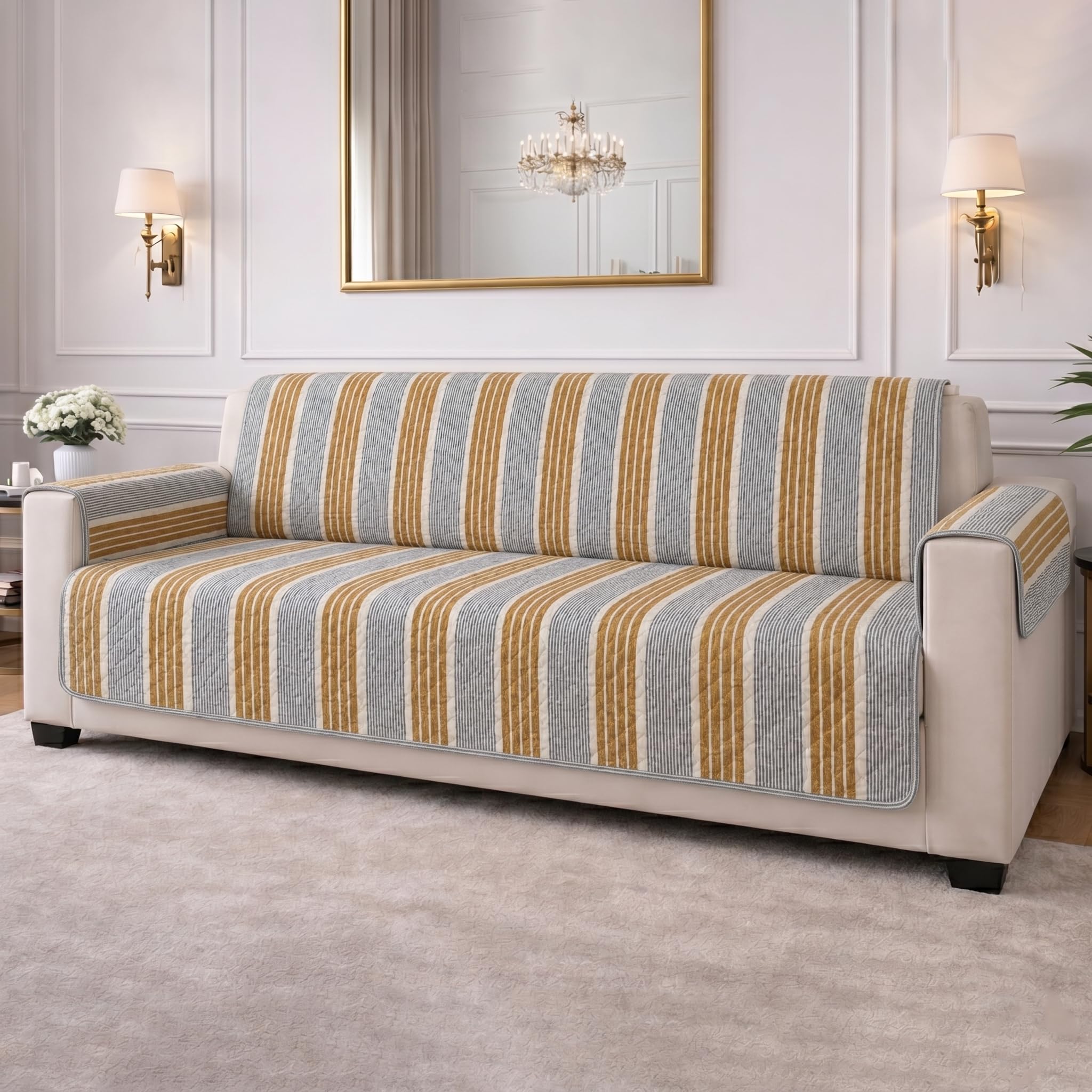 STITCHNEST 'CloudFeel Series' Quilted Printed Velvet Sofa Cover for 2 Seater | Premium Soft Velvet Sofa Protector | Mustard Black Striped Design with Armrest Pockets | Furniture Cover