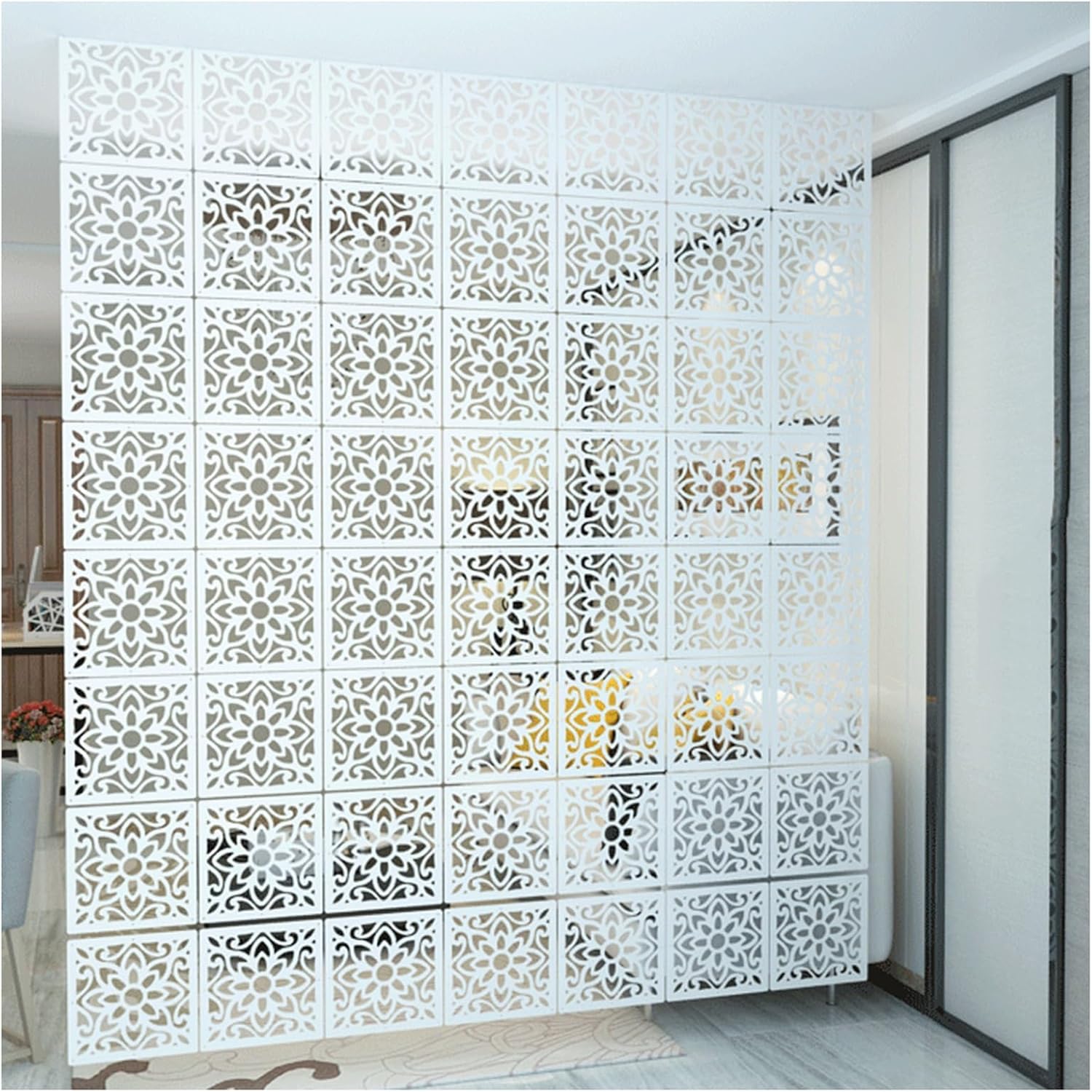 吊り下げ式間仕切り 吊り下げ式間仕切りスクリーンパネル 木製 プラスチック ナチュラル 複数サイズ マルチパック(39x39cm,5 折りたたみ式  紙屏風・可動式パーティション壁（室内用）設置不要目隠しパネル (長2m*高2.2m*幅0.43m) &FURNiTURE 半透明パーテーション ... 折りたたみ式デザイン吊り下げ式間仕切りスクリーン、木製プラスチック製プライバシーパネル、正方形中空彫刻スクリーン、リビングダイニング