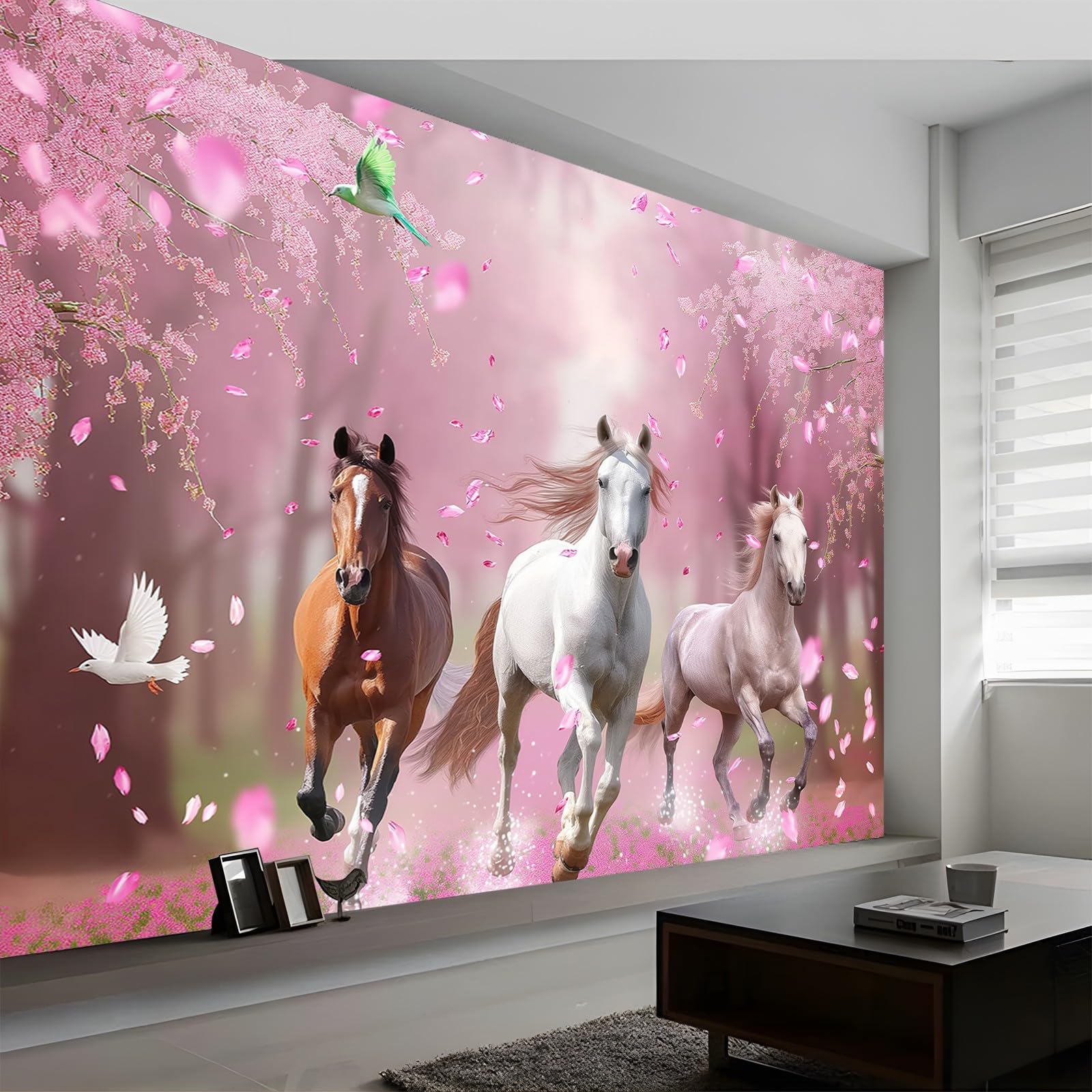 Papier peint panoramique cheval brun pour agrandir un salon sombre avec effet 3D