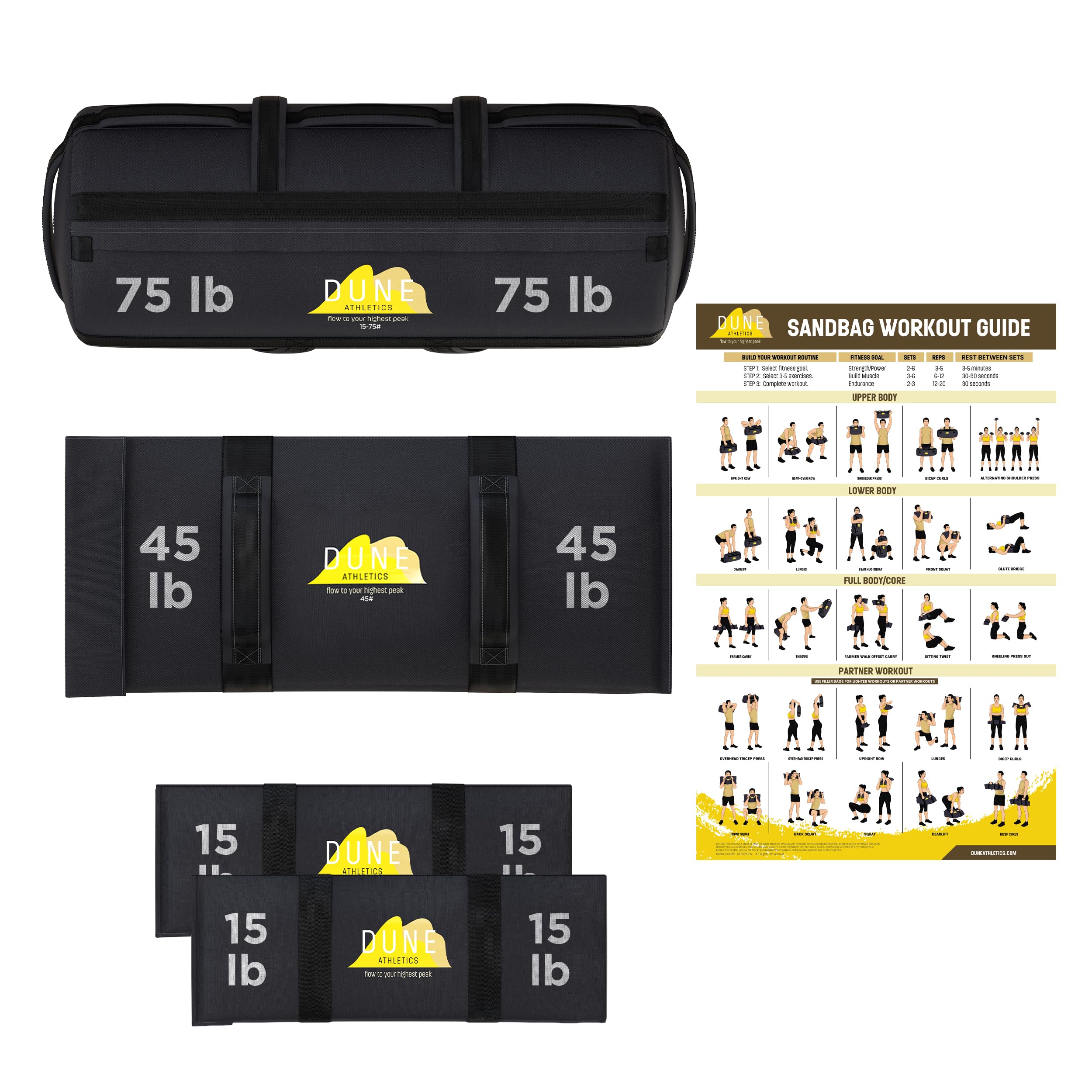 Sandbags for Working Out (Unfilled) - Enhance Your Fitness with Our Workout Sandbag, Versatile & Durable Sand Bags for Weight Training 15-75 lbs - Sandbags for Fitness Guide Included