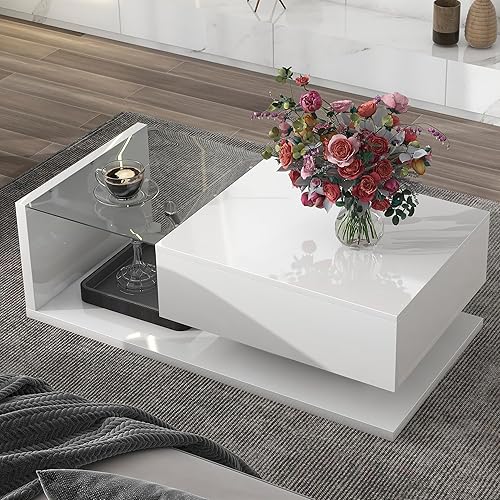 Miniatura 9 de P PURLOVE Mesa de centro moderna con vidrio templado, pequeña mesa de centro con superficie UV de alto brillo, mesa de centro de 2 niveles para sala