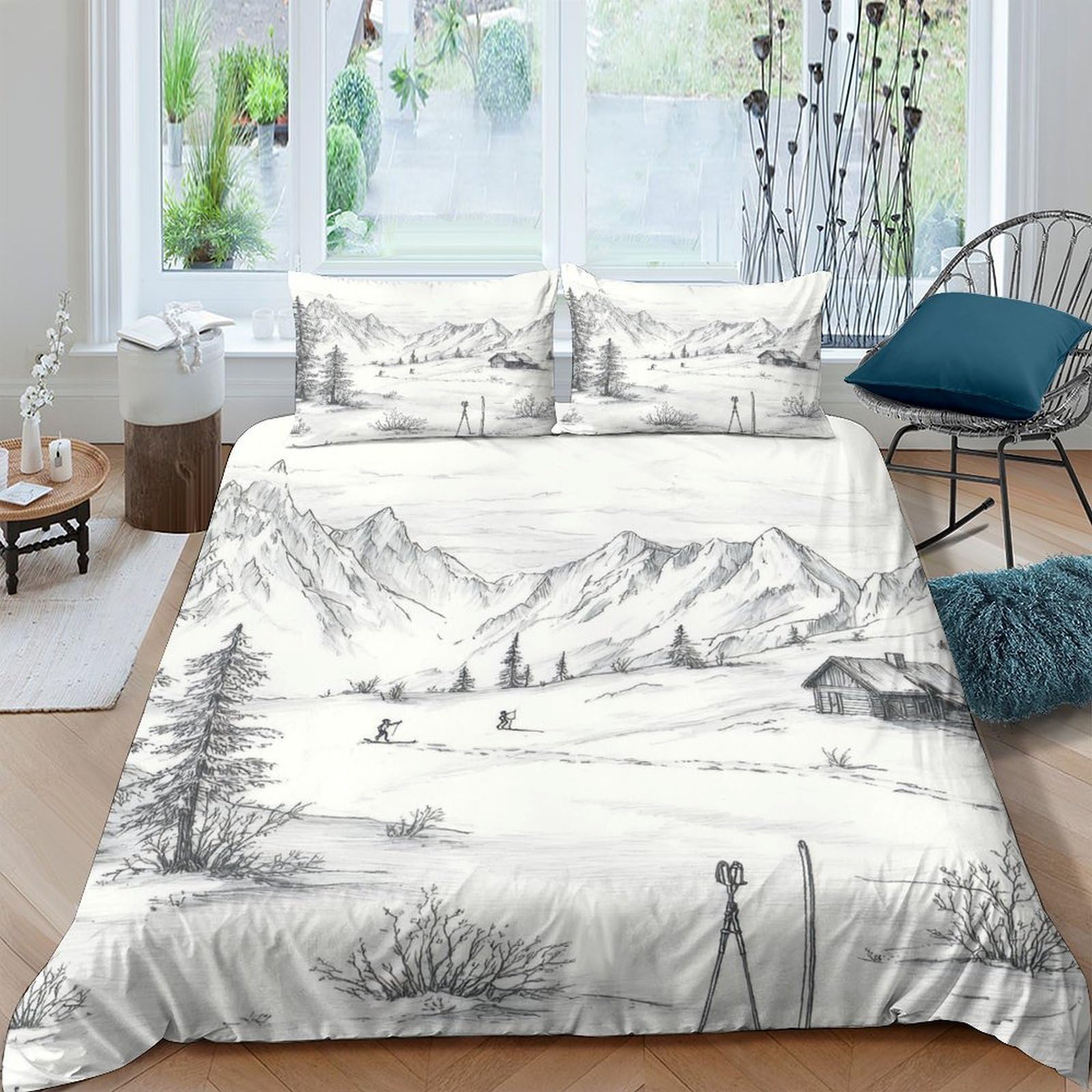 Ctjqhvkz Style-6 3D Printed Mountain Landscape Fitted Sheet Microfiber Soft Black White Sketch Bed Cover For Bedroom Guest Room Single（135X200cm）