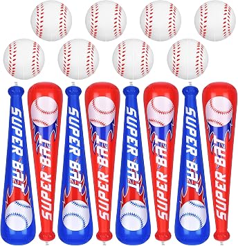 Fovths 8 Sets Inflatable Baseball Bats and Baseballs Set 22 Inch Inflate Baseballs with Mini Foam Sports Stress Ball for Sports Theme Birthday Party Favors
