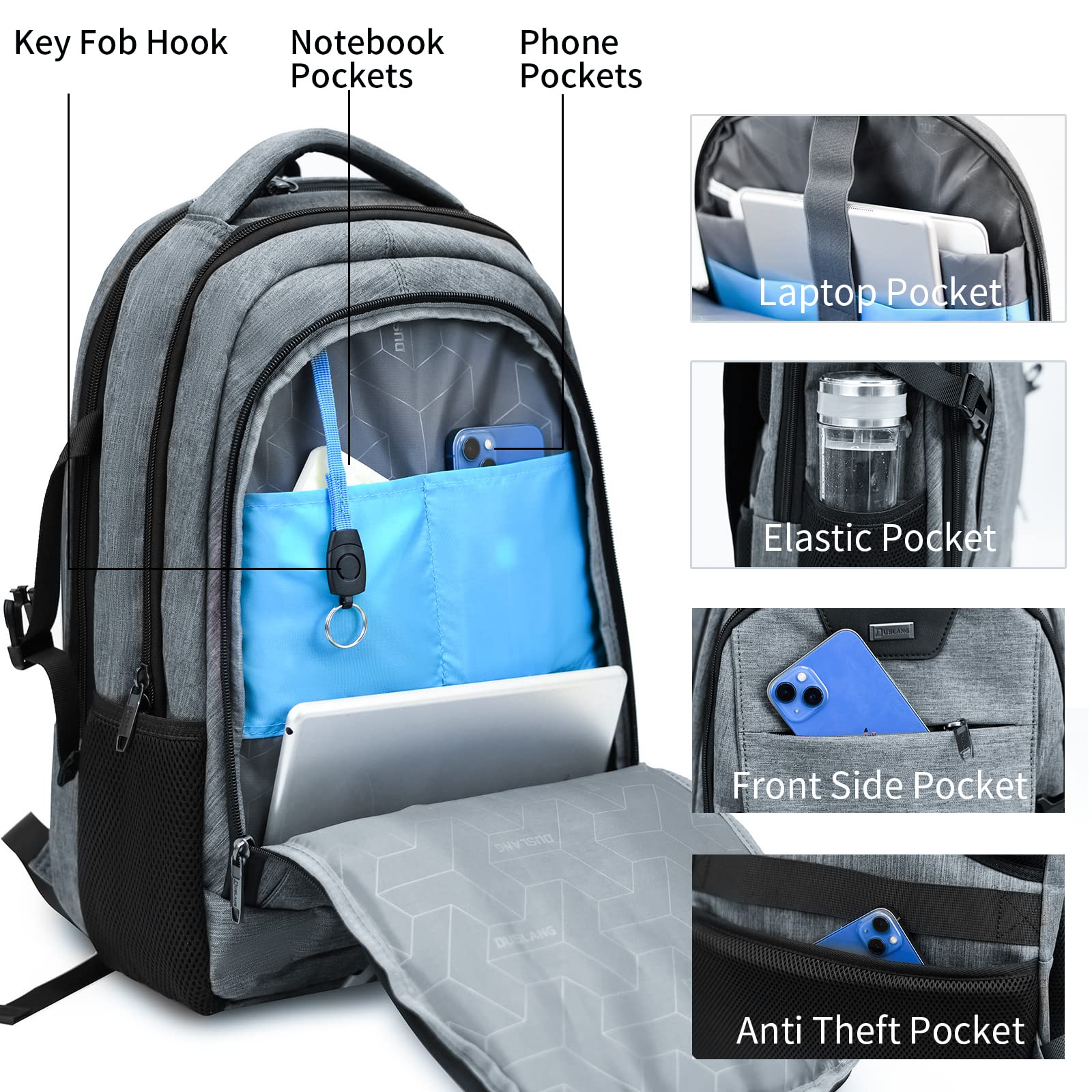 DUSLANG Zaino Uomo Zaini per PC Portatile, 15.6 Pollici Zaino Porta PC con Caricatore USB zaino da lavoro, Impermeabile Zaini per Laptop, Computer, Notebook, Viaggio Regalo Uomo & Donna