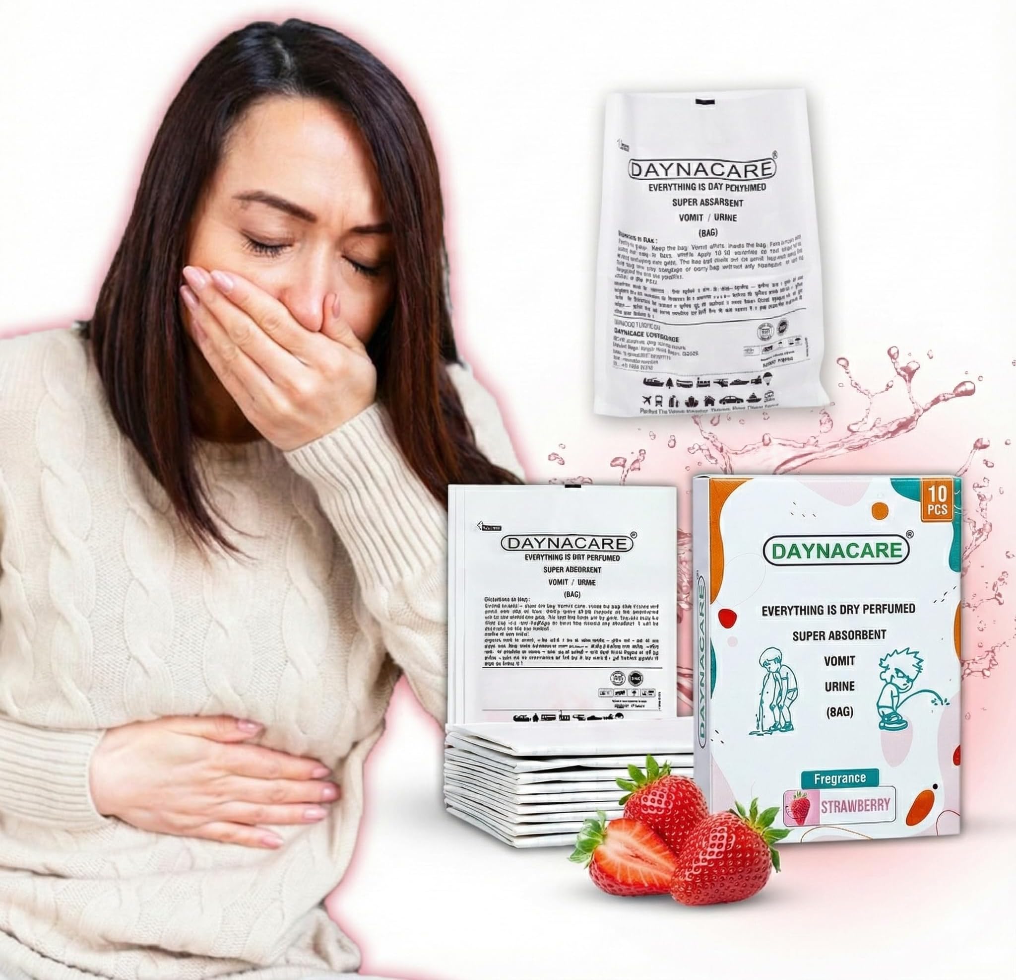 Strawberry Scent Eco-Friendly Paper Vomit/Urine Bags for Travel Car_Pack of 10 | Disposable Motion Sickness Barf Bags| Hygienic, Leak-Proof,Odor Control | Idel For Adults,Kids,Pregnancy Use