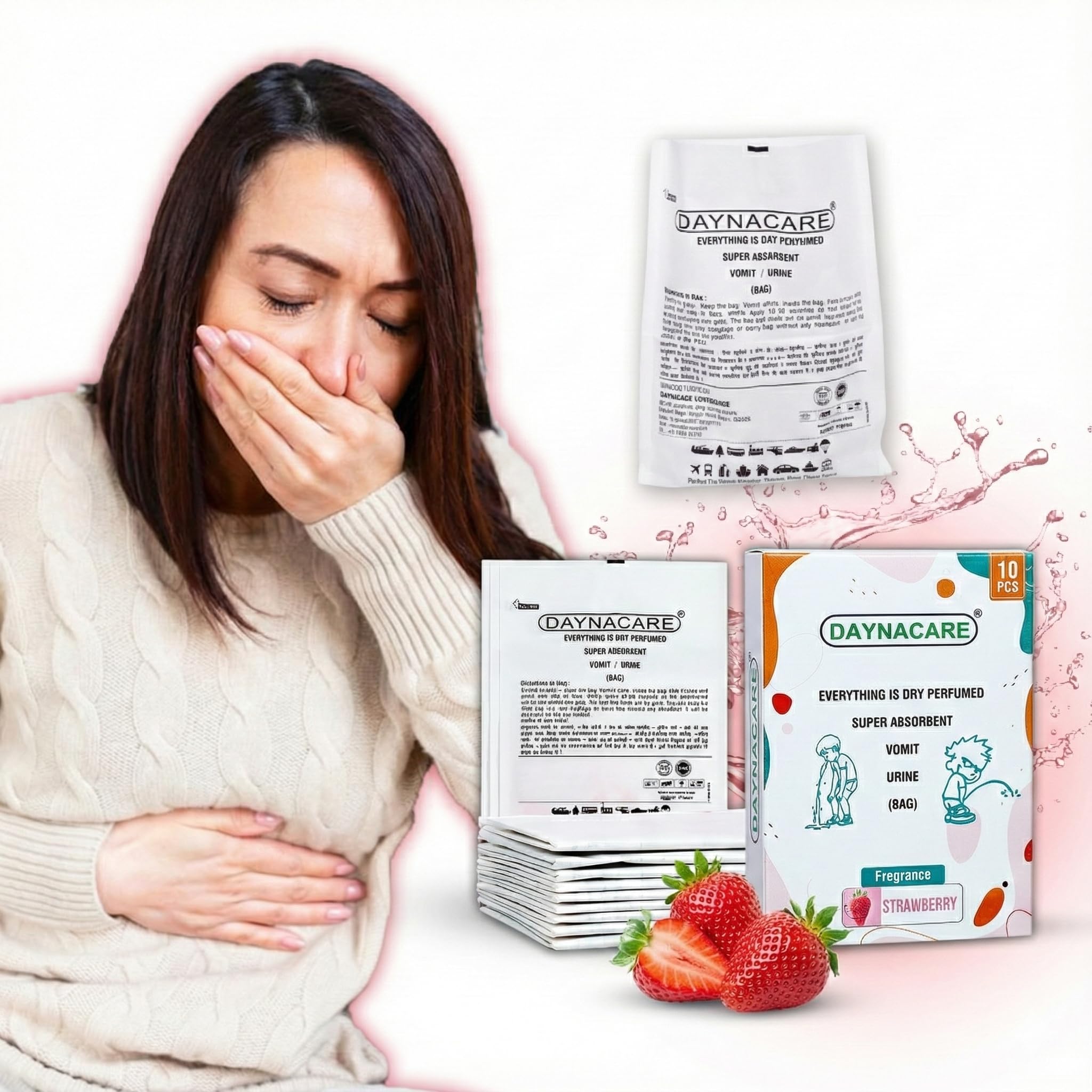 Strawberry Scented Paper Vomit Bags for Travel– Pack of 10 | Travel Motion Sickness Disposable Bag| Leak-Proof, Odor-Control | Emesis Bags| Ideal for Adults, Kids, Pregnancy & Emergency Use