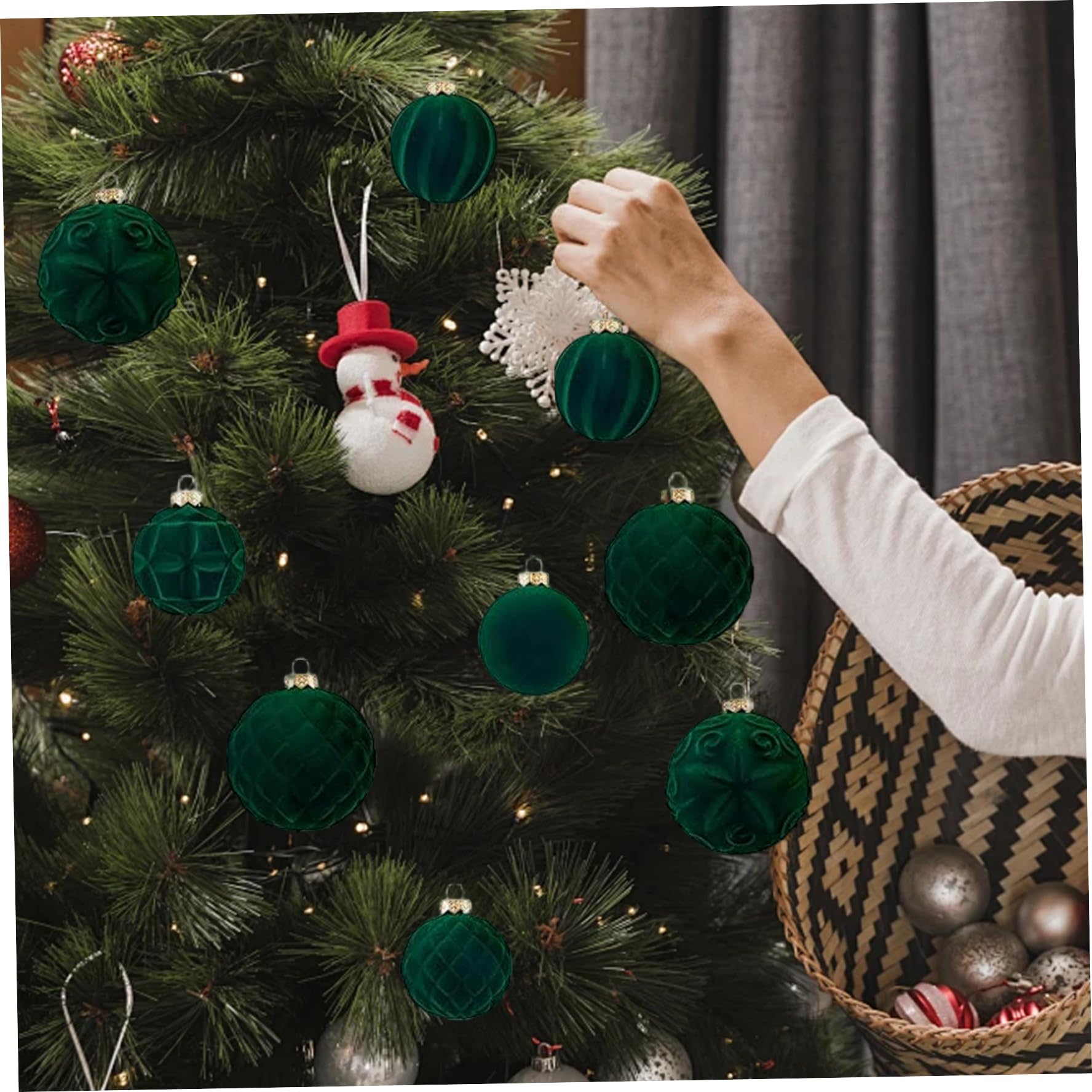 46 Pezzi Ornamenti Natalizi in Velluto 3 Dimensioni Ornamenti Vintage Floccati con Palline di Natale Infrangibili per Albero di Natale Vacanze Festa di Nozze Verde Scuro, Palla