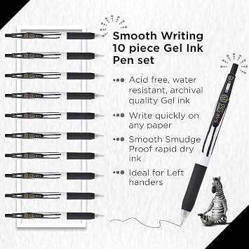 Zebra SARASA CLIP Stripes Gel Pen 10pk - Retractable With Medium 0.7mm Nib, Smudge Proof, Rapid Dry Ink, Comfort Grip and Push Clip - Water Resistant Multipack