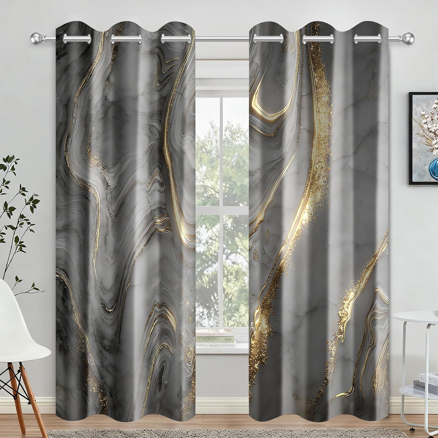 Grey and Gold Marble Curtains for Bedroom Living Room Modern Abstract Black Gray Luxury Texture Curtain Fluid Aaesthetic Art Design Room Darkening Window Drapes,2 Panels, 42x84 Inch