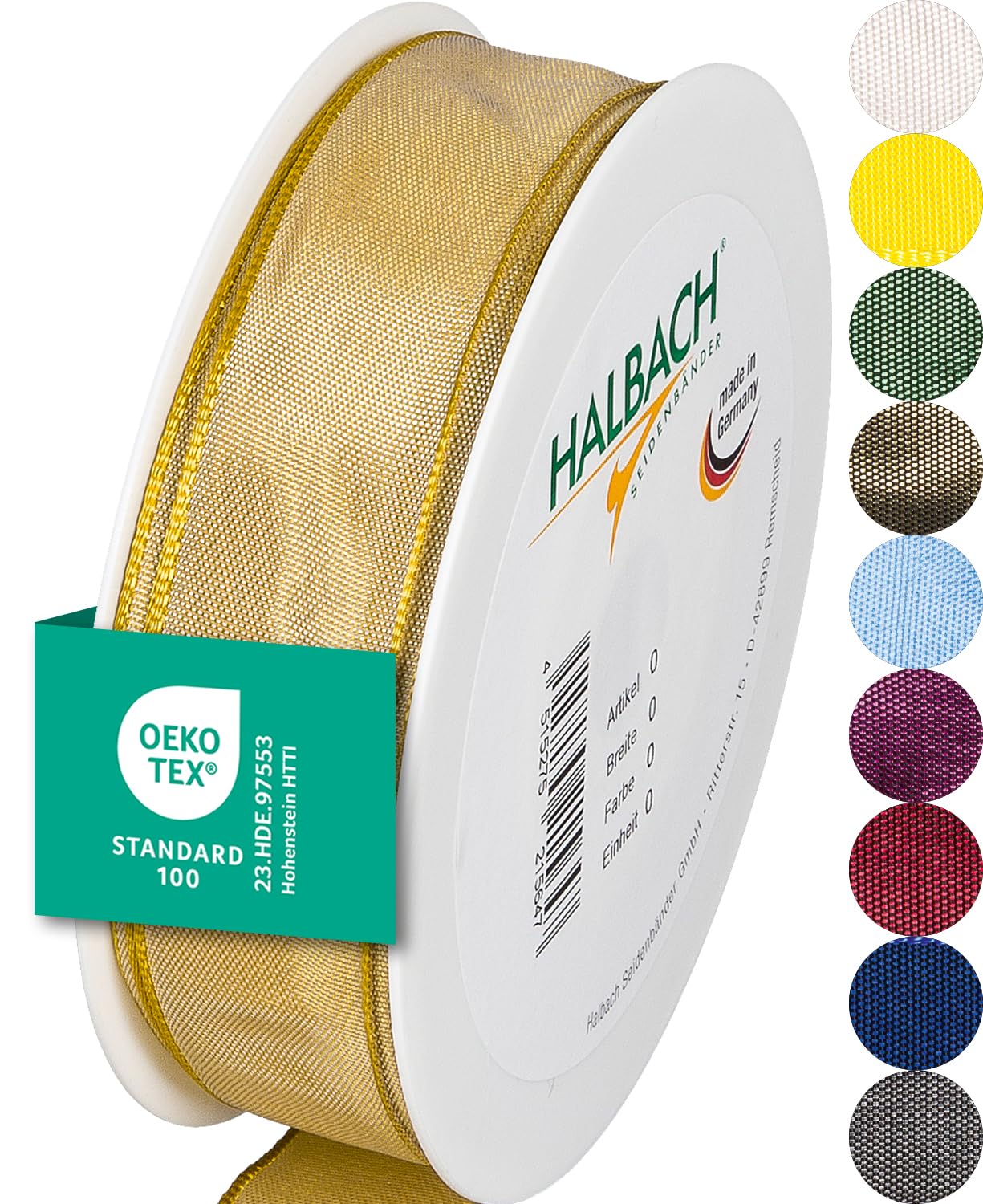 Halbach Seidenbänder Premium Geschenkband mit Drahtkante | Breite 25mm Länge 25m | Öko-Tex 100 zertifiziertes Schleifenband | Taftband Made in Germany, Farbe: dunkelgelb