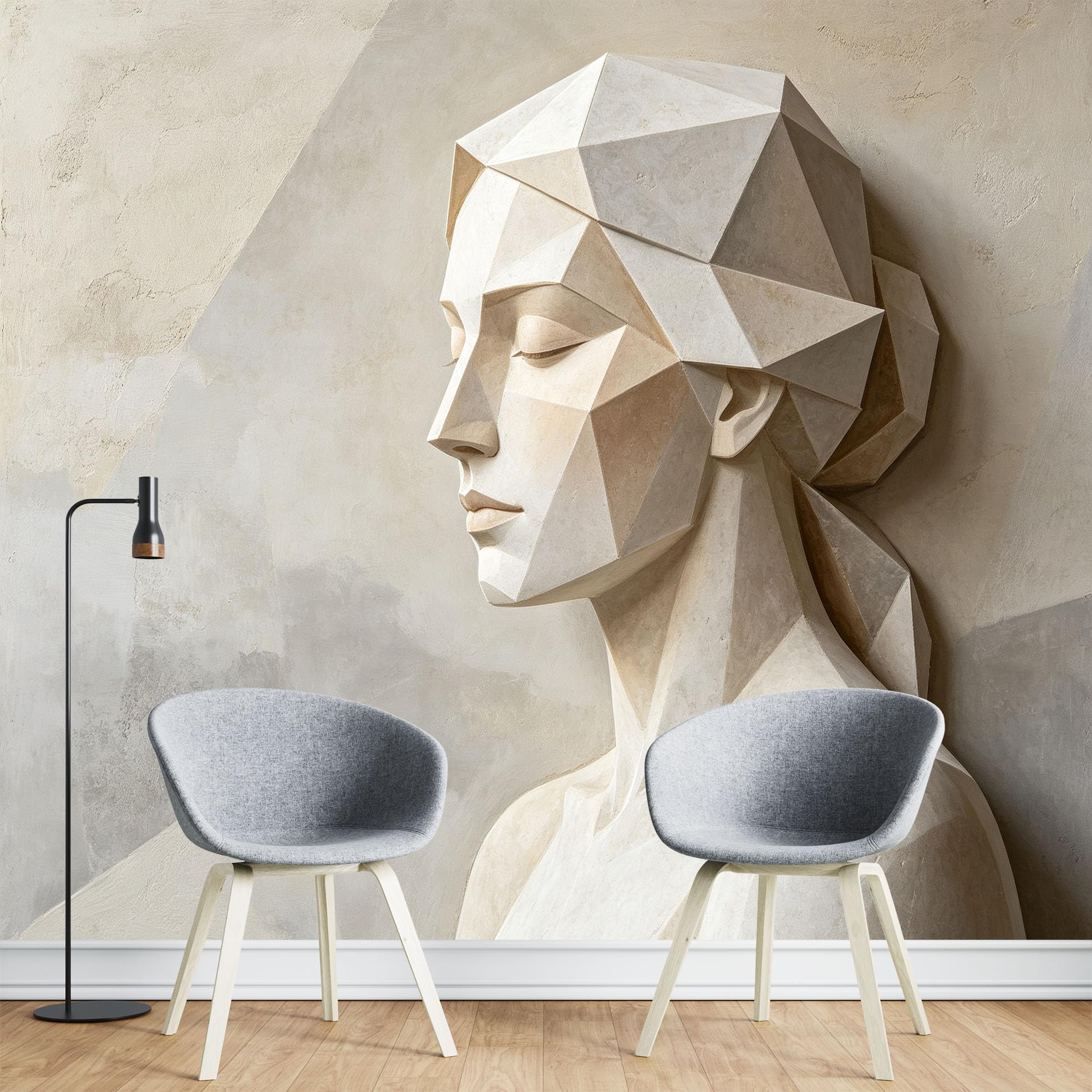 Papier Peint Intissé Fresque Murale Abstraite Géométrique À Facettes Représentant Des Sculptures Féminines 300 x 210 cm Papier Peint Photo 3D Art Mural Moderne pour Salon et Chambre.