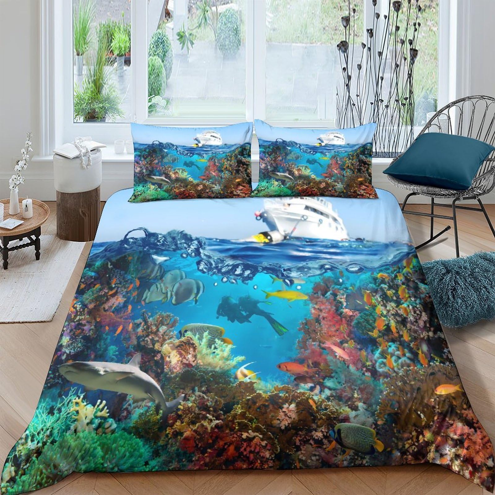 Ctjqhvkz Style-7 3D Printed Ocean Coral Reef Fitted Sheet Microfiber Soft Breathable Underwater Sea Life Mattress Cover For Bedroom Decor Single（135X200cm）