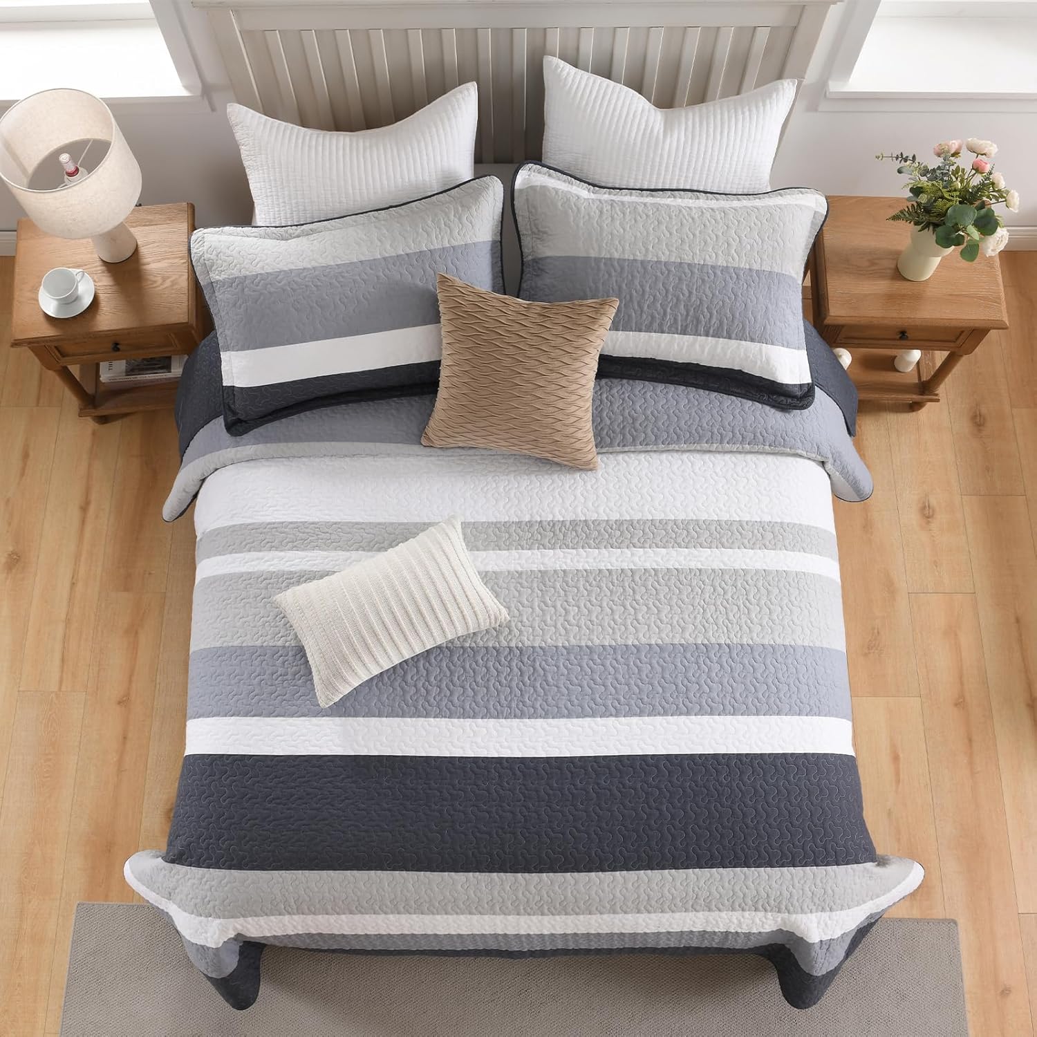 100% Cotton Quilt Set King Size, King Quilt Bedding Set, Striped Pattern Quilt Bedspread for King Bed, Modern Minimalist Bed Spread Lightweight Comforter, 3Pcs, Charcoal-Blue/Gray/White - Image 4