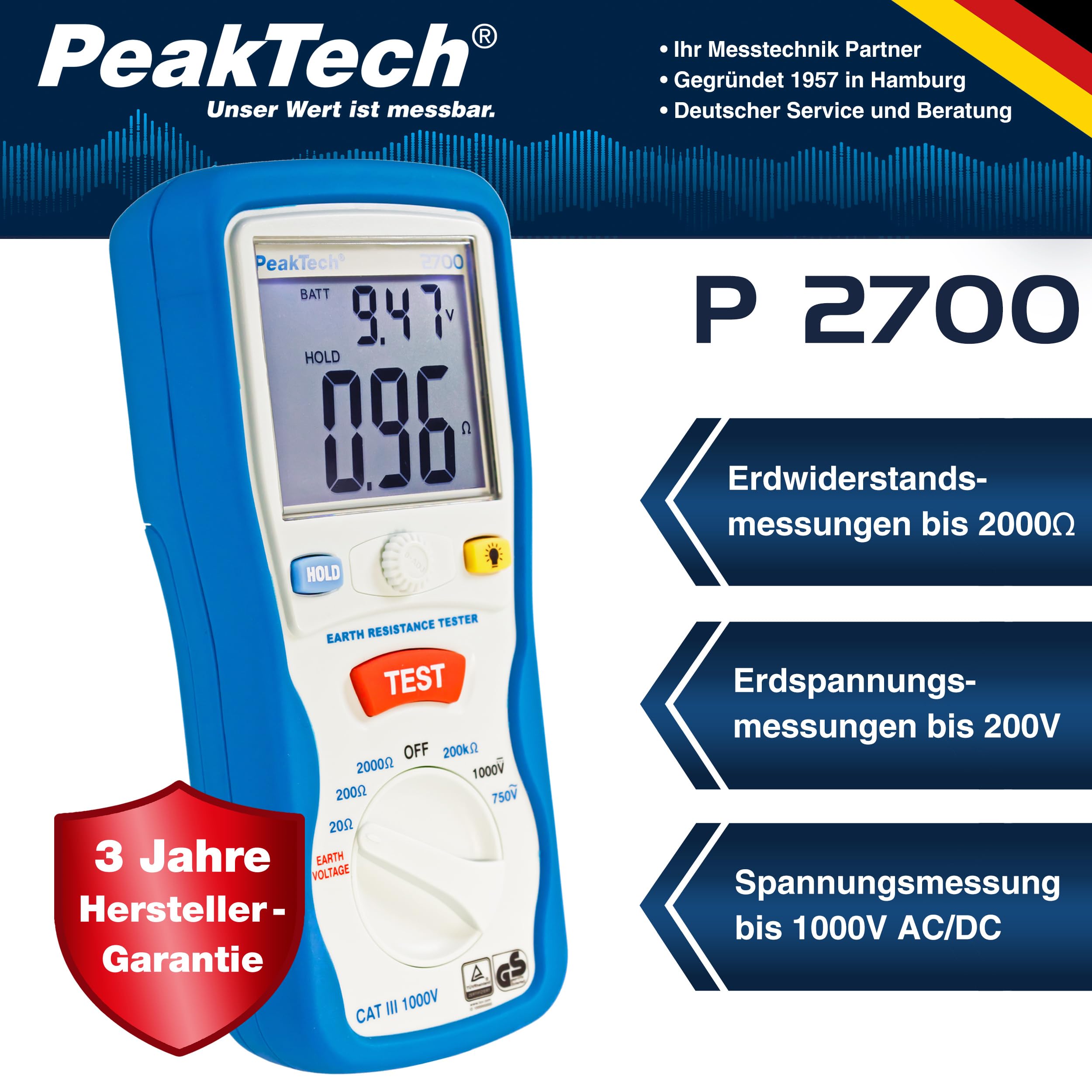 Peaktech P 2700 – Misuratore di Resistenza di Terra Digitale, Display LCD a Doppia Illuminazione e 2 Aste di Terra, Resistenza di Terra, Ac/Dc, Tüv/Gs, Blocco Dati, Arresto Automatico - Cat Iii 1000 V