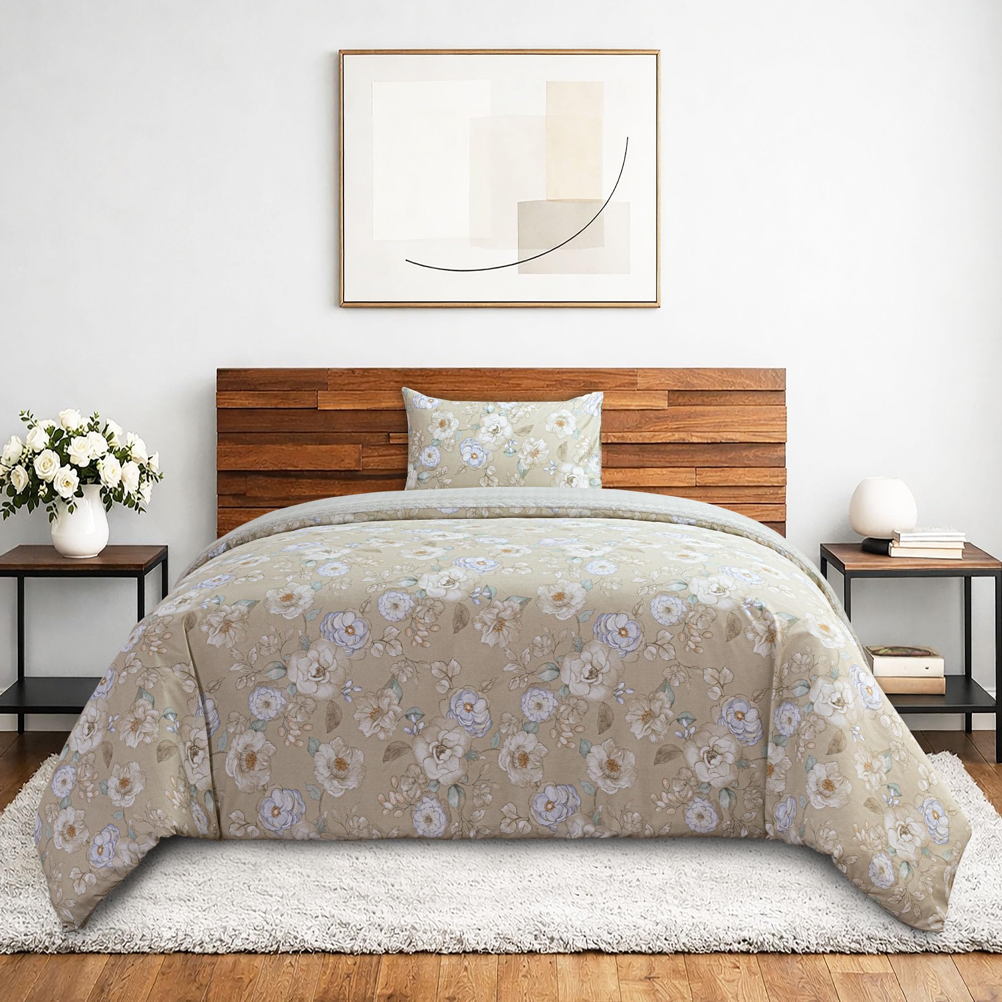 Comforter Set Single Size 3-Piece, 160x220 cm Comforter with Fitted Sheet and Pillowcase Ultra-Soft Fabric, Stylish Design for a Cozy Sleep Experience (Ivory Rosefield)