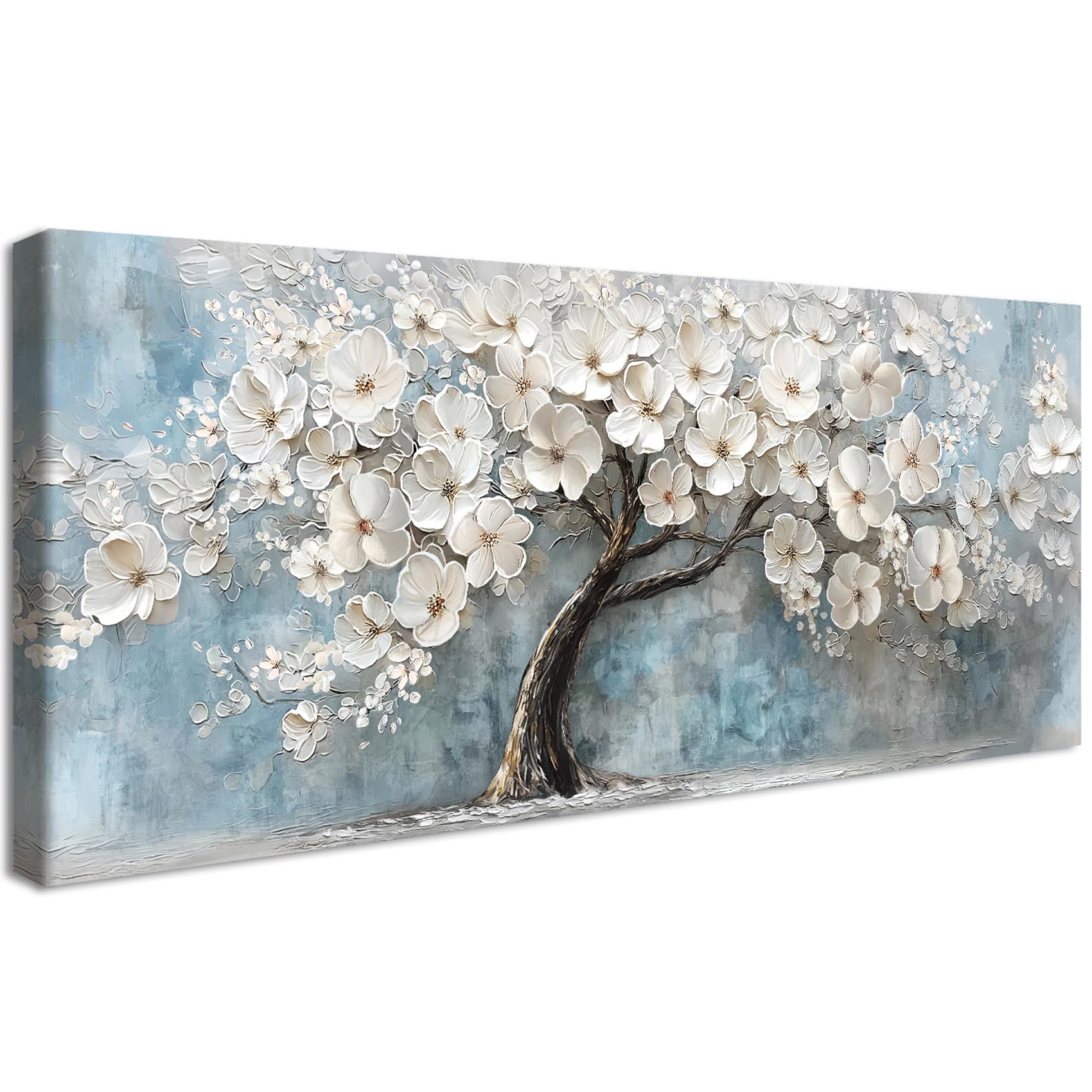 Cadre en Bois Impression sur Toile Peinture Arbre de Vie en Fleurs Blanches Tableau Blooming Floral Image sur Toile Grandes Tableau Decoration Murale Salon Chambre Restaurant Hôtel 50x120cm
