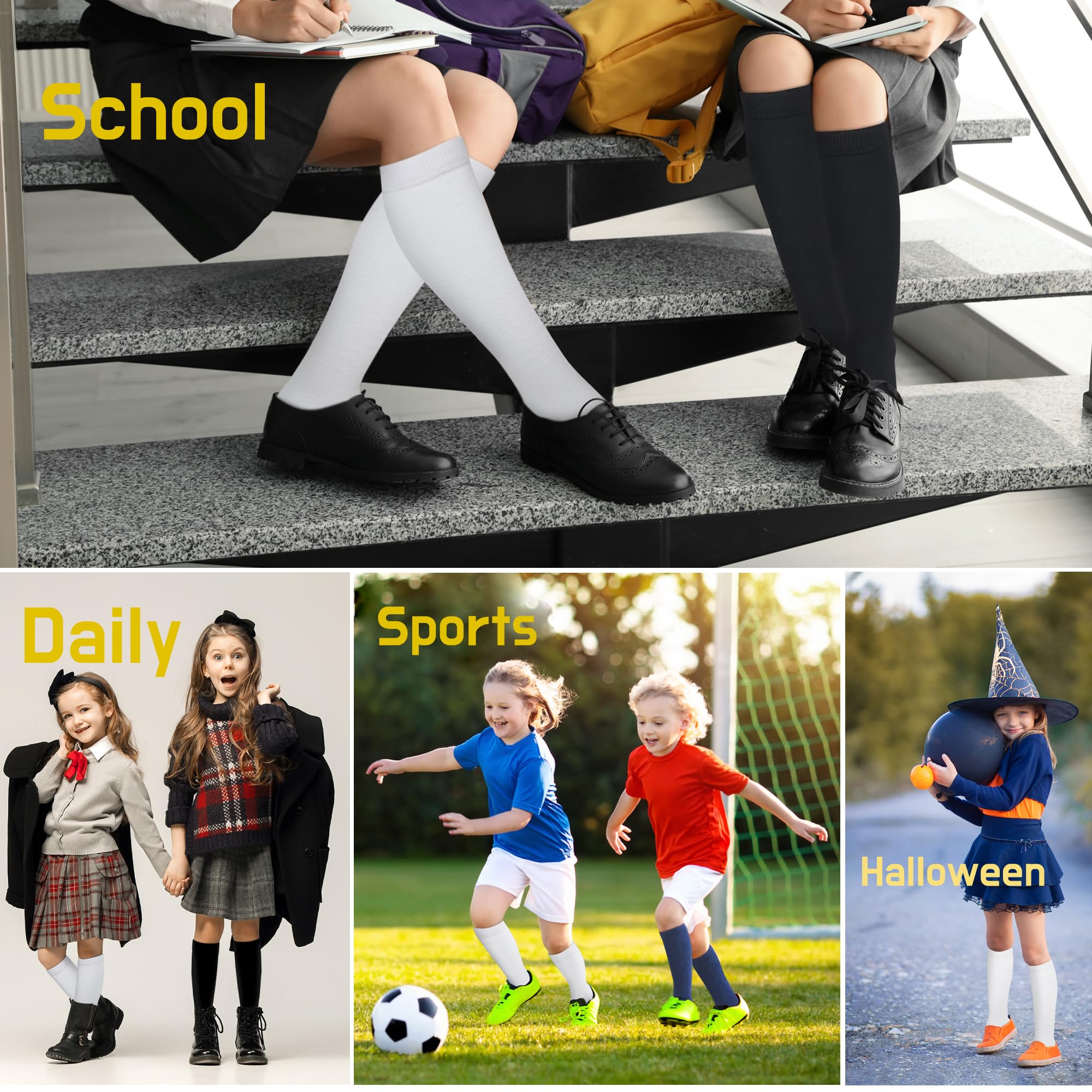 YEJIMONG Kniestrümpfe für Mädchen, Schuluniform, Kleid, Baumwolle, lange Socken für Kinder, Jungen, 3 Paar, Schwarz, Weiß, Marineblau, 4–16 Jahre