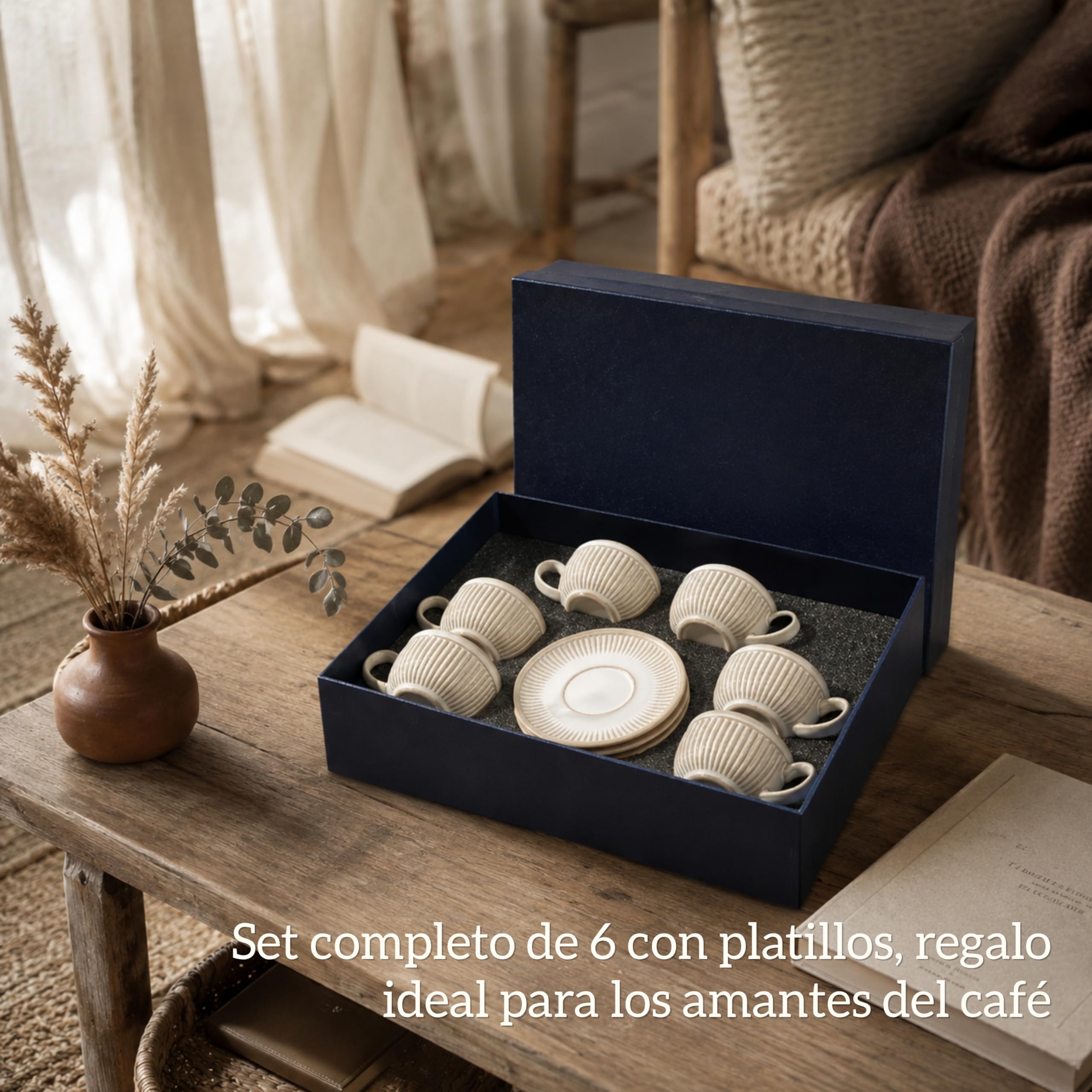Tazas de Café Espresso con Platos - 6 x 100 ml con Asa - Estrias Antideslizantes - Cerámica Paredes Gruesas - Juego de Té - Aptas para Lavavajillas - Caja de Regalo - Blanco