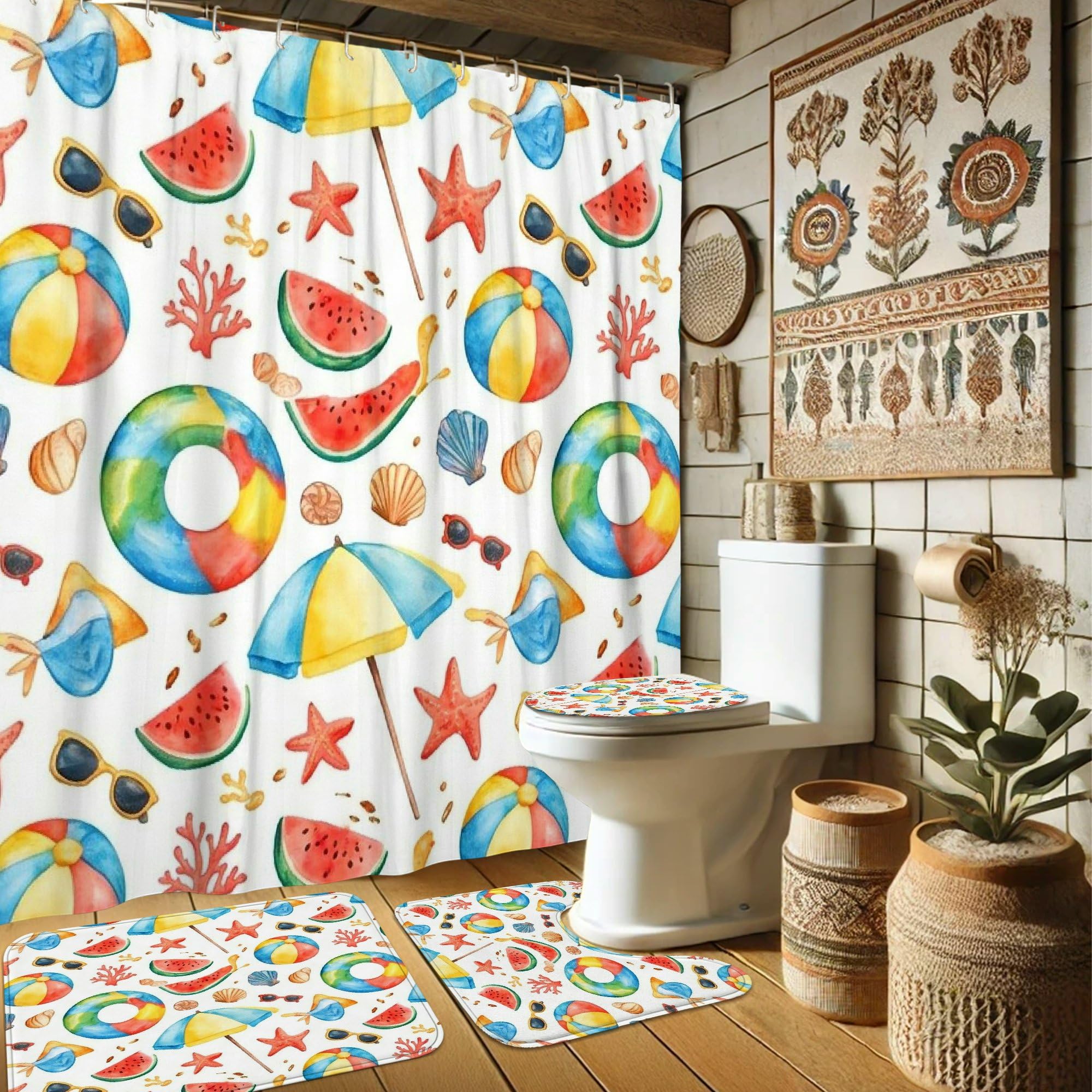 Rideau de douche bleu d'été en textile de qualité supérieure motif de plage