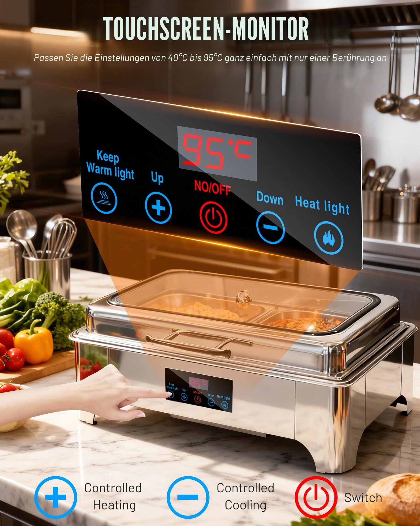 Chafing Dish Elektrisch, 9L Professioneller Speisenwärmer, Buffetwärmer mit Touchscreen Temperaturregelung und Glas Sichtschutzabdeckung, Edelstahl Warmhaltebehälter für Buffet und Party