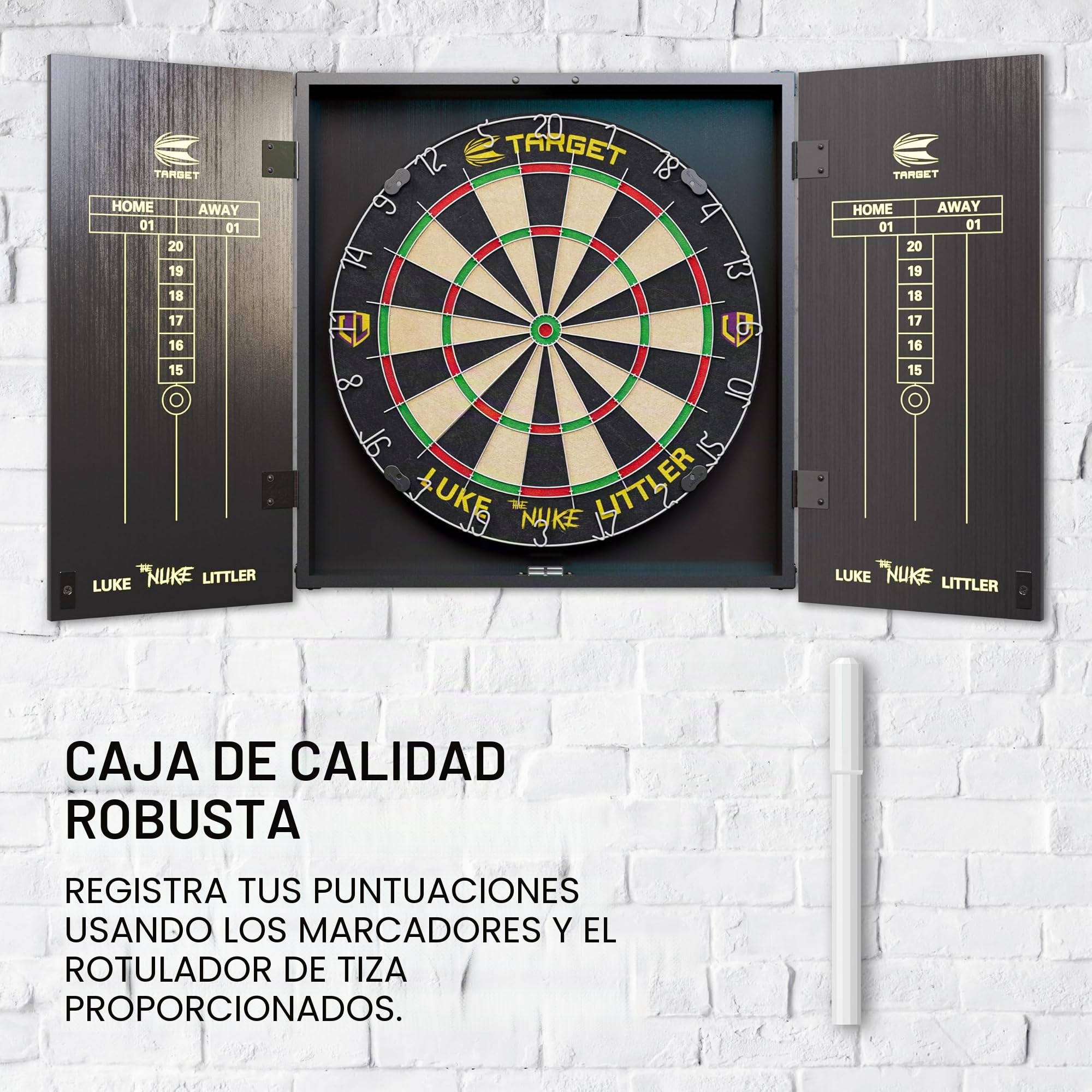 Target Darts Juego de Armario y Diana Luke Littler | Juego de Armario con Diana de Dardos Player Edition 'The Nuke' con 2 Juegos de Dardos con Punta de Acero, Tablas de Puntuación, Línea Lanzamiento