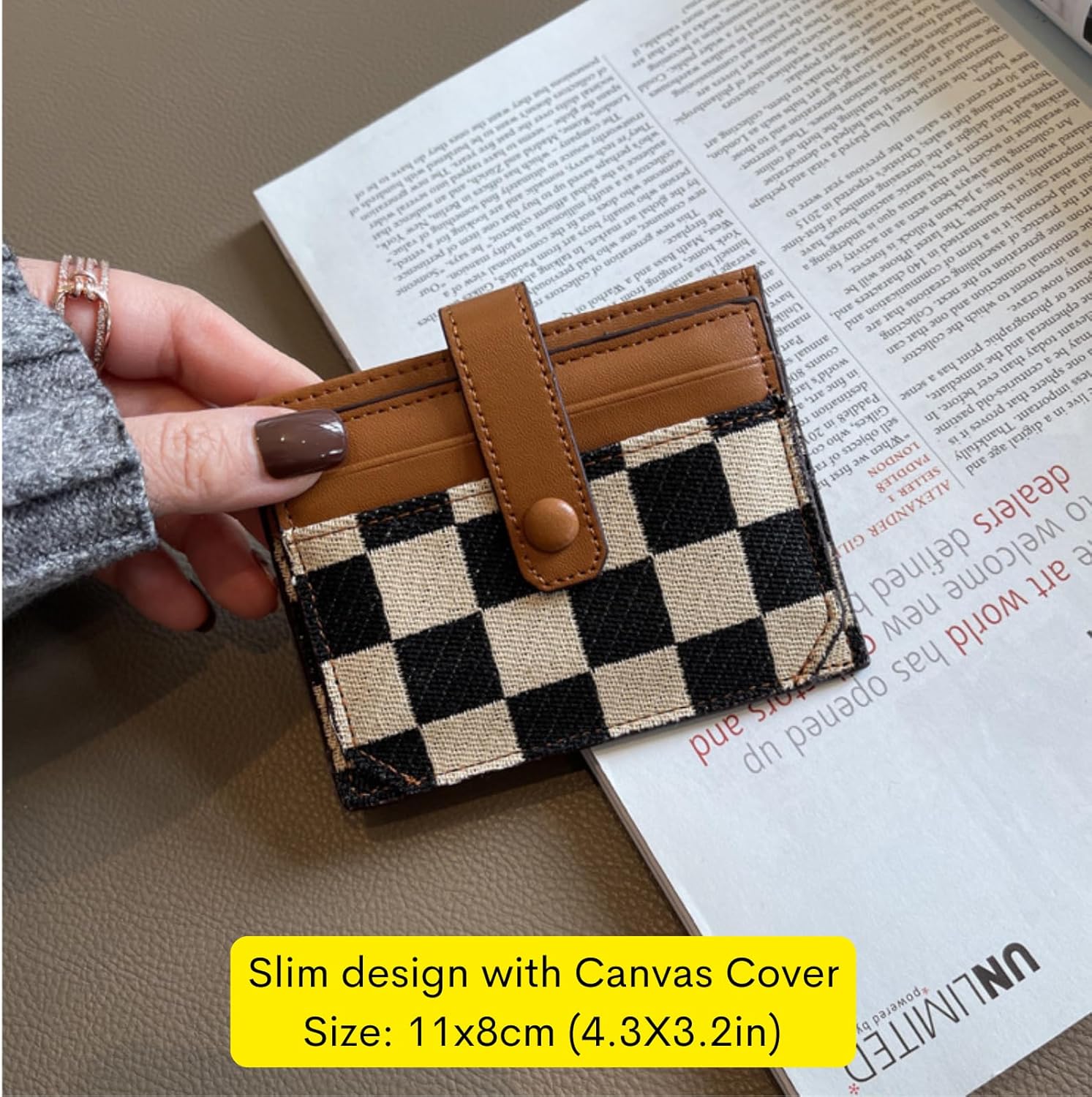 TURBOOST Cute Slim Card Holder Canvas Front Pocket Checkered Wallet, Small Credit Card Case for Women (Brown) - Image 4