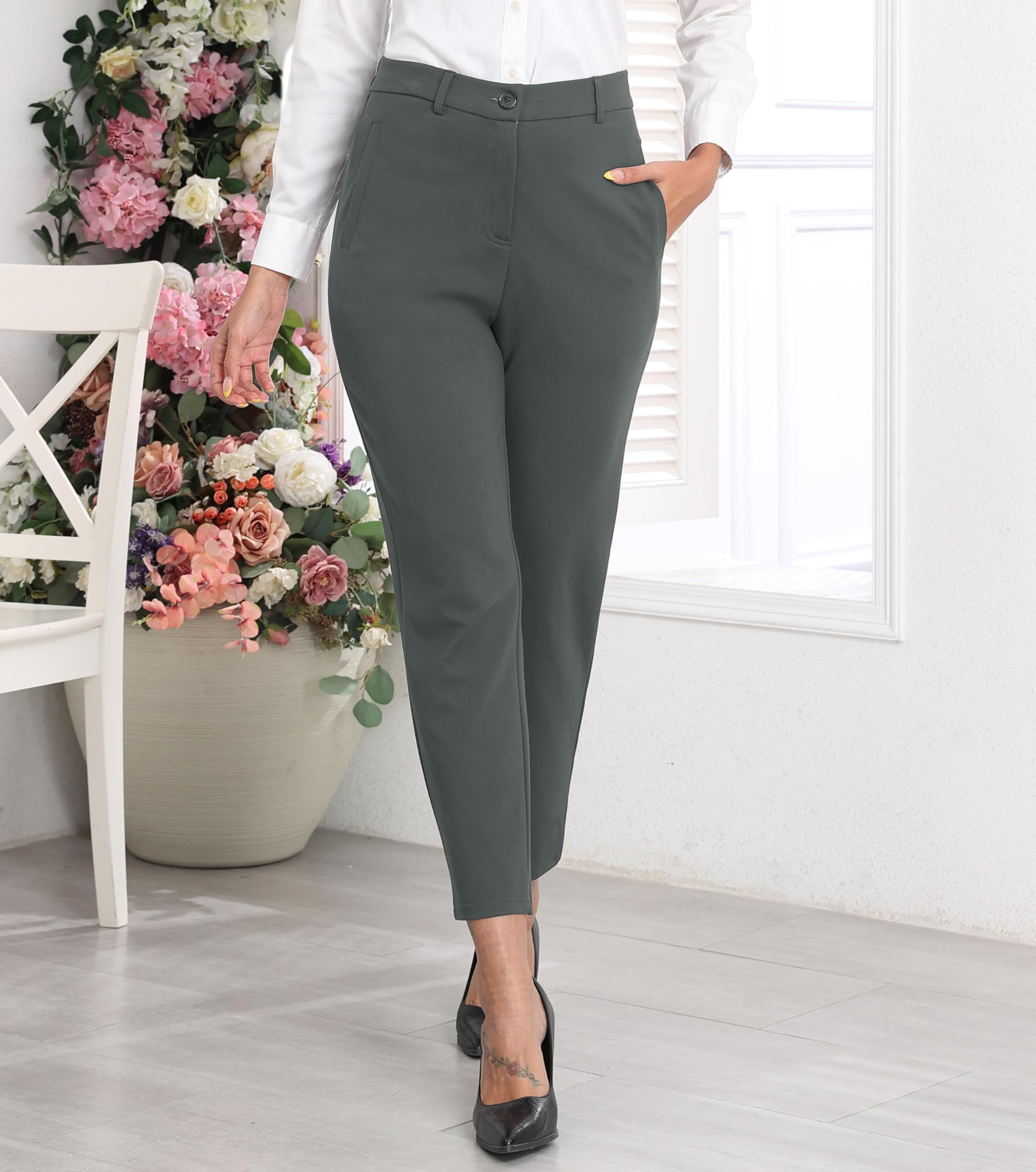 GRECERELLE Womens Work Trousers Office Smart Stretchy High Elasticated Waist Straight Leg Casual Yoga Pants for Women UK with Pockets Zipper
