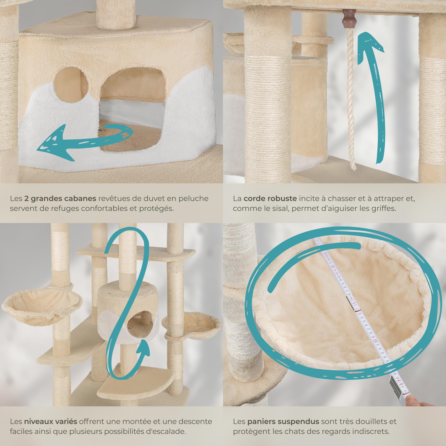 tectake® Arbre à Chat XXL Griffoir pour Chat en sisal H201 cm, Maison pour Chats Accessoire Chats avec Grattoir Niche Couchage Hamac Panier Lit