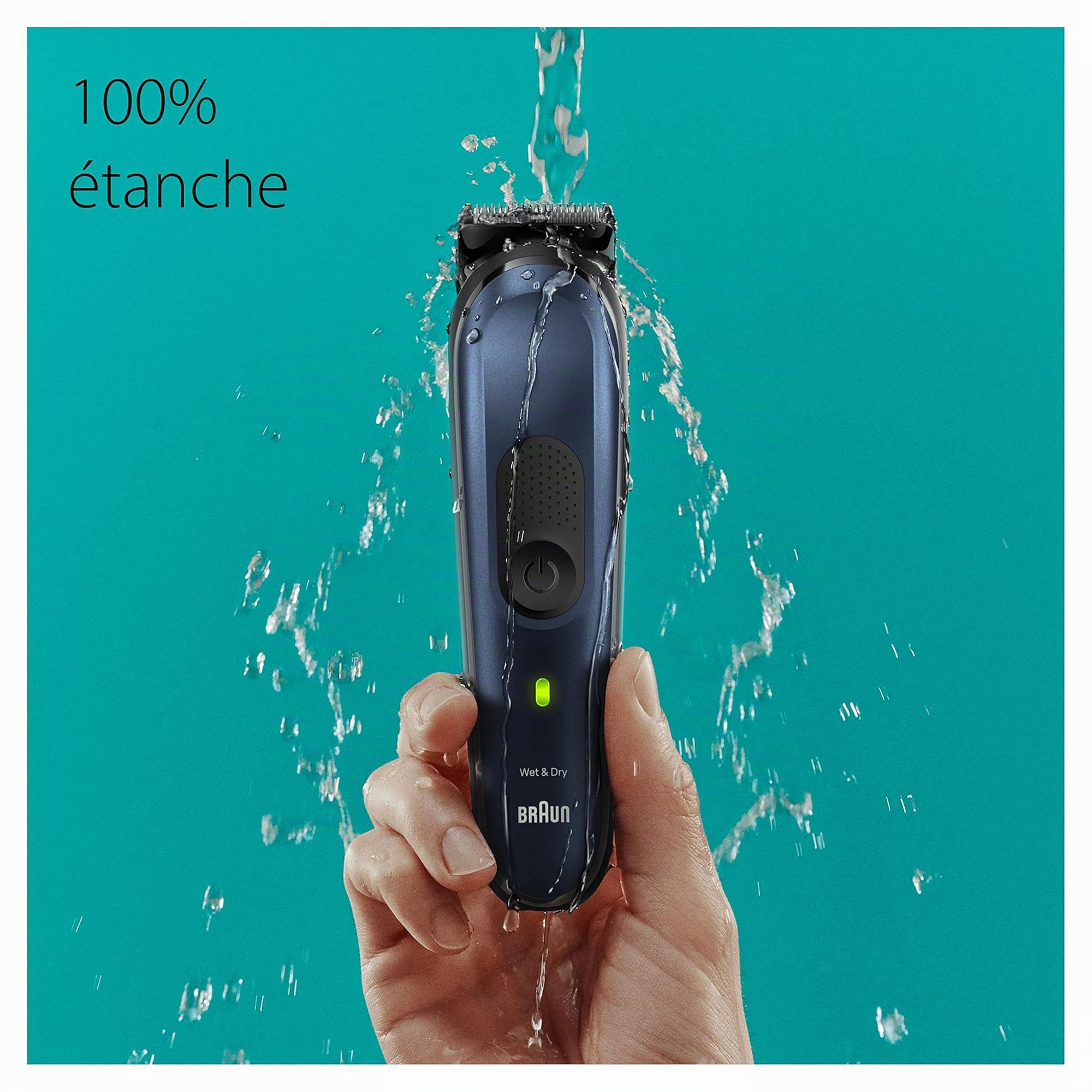 Braun Tondeuse Homme, Tout-en-Un Series 7 MGK7410 10-en-1, Noir et Bleu | Etanche, Batterie Rechargeable, Lame Ultra Affutée, Coffret avec des Sabots Dédiés, Rasoir Gillette