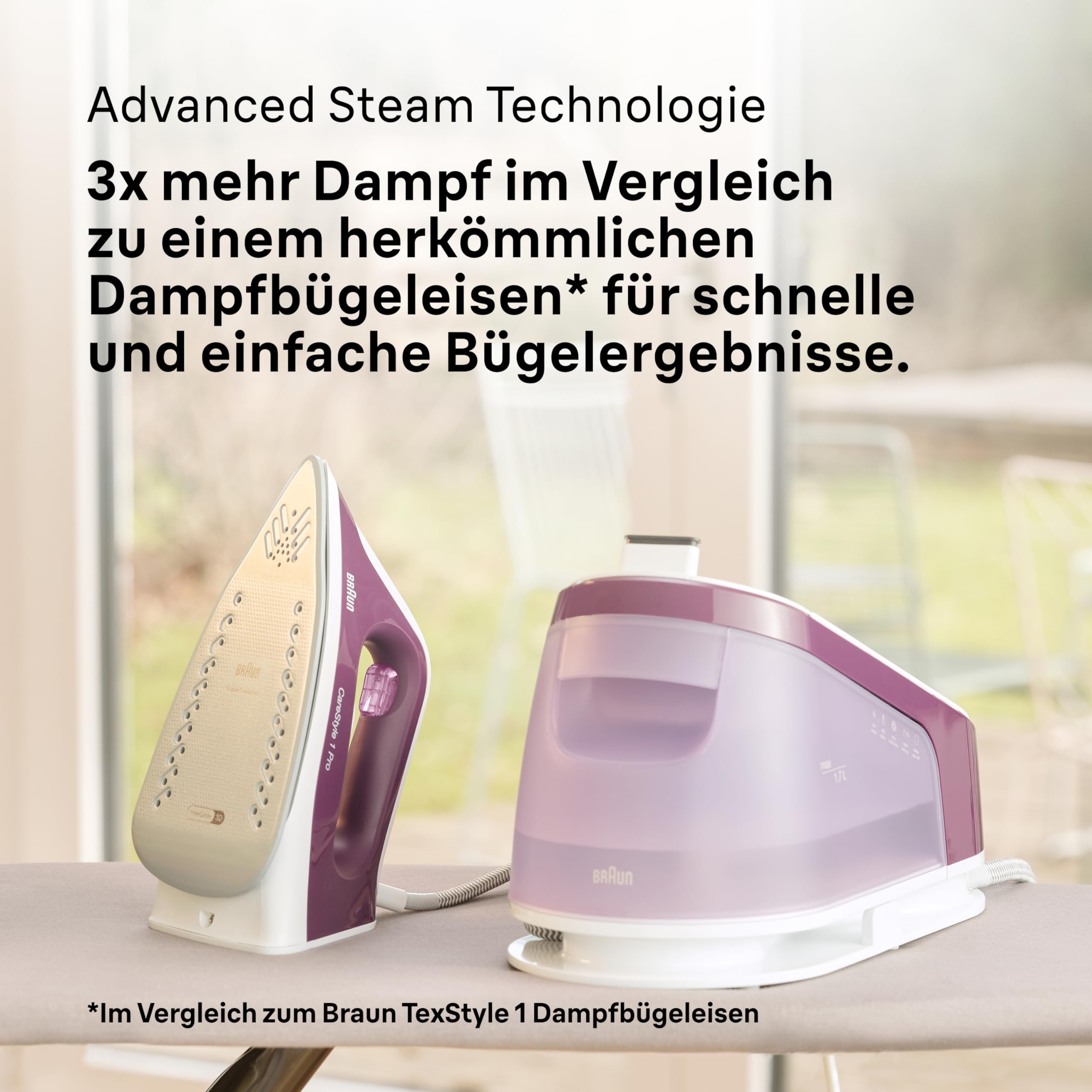 Braun CareStyle 1 Pro IS1514 VI Dampfbügelstation - Dampfbügeleisen mit FreeGlide 3D Technologie, Vertikaldampf, Anti-Tropf-Funktion, 1,7L Wassertank, 6 bar, 120 g/min, 2200W, Violett